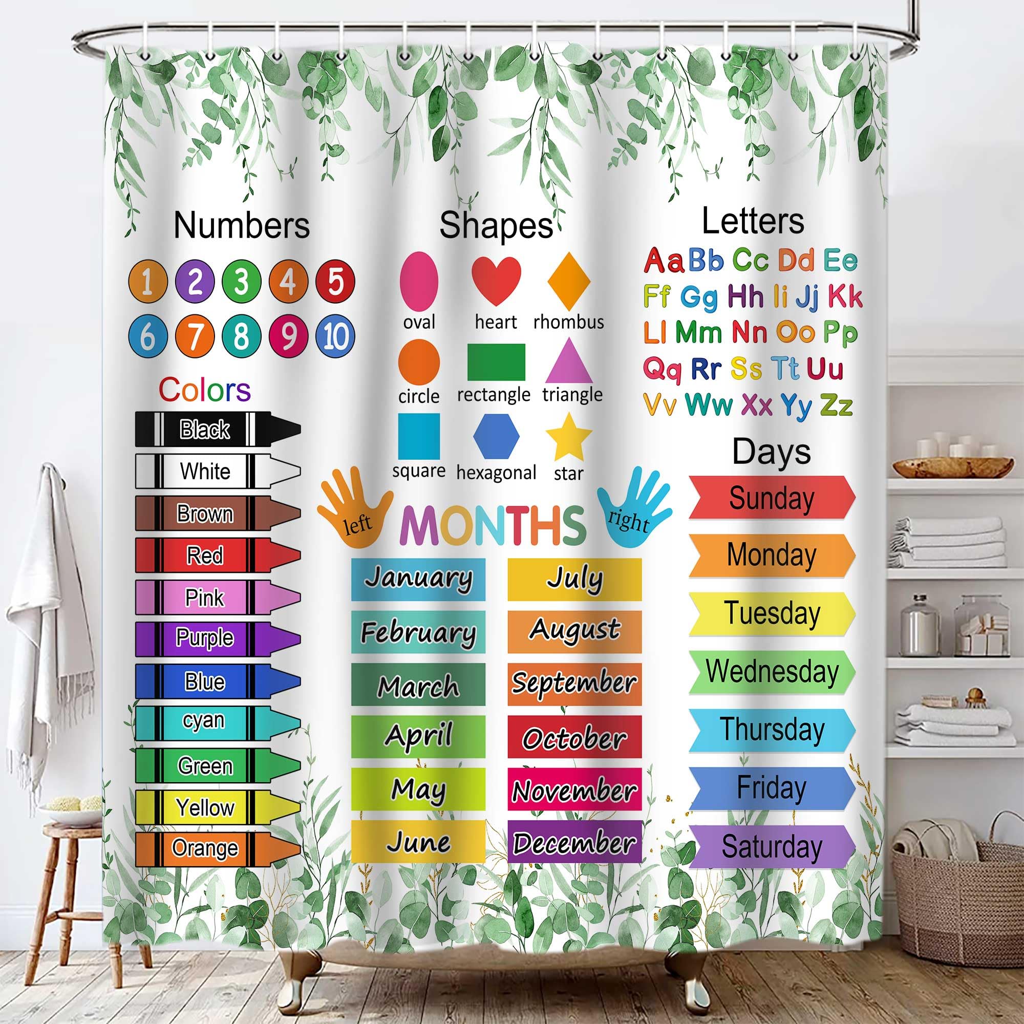 Alphabet Shower Curtains, Kids Educational Shower Curtains for Bathroom Fabric Learning Tool Unisex Bathroom Curtain with 12 Hooks 70X70Inch