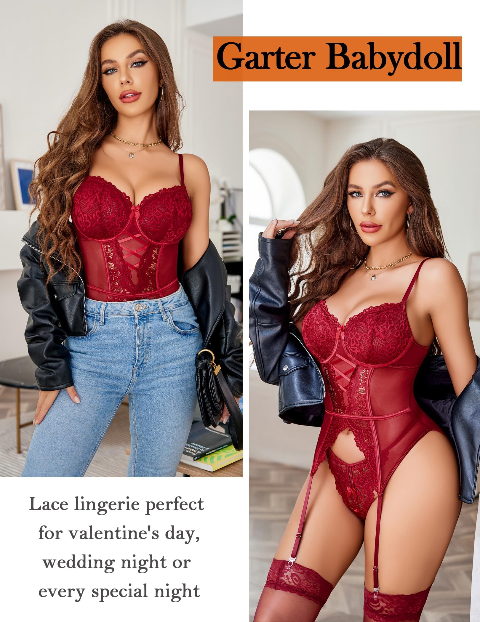 Avidlove Zestawy bielizny damskiej Seksowne koronkowe body dekolt w serek bielizna do pończoch kwiatowy jednoczęściowy Teddy Babydolls trykot bez Sotcking