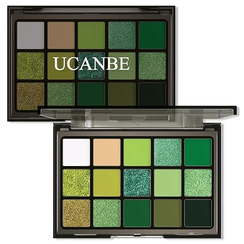 UCANBE Green Eyeshadow Makeup Palette, 15 Colors Bright Dark Green Shimmer Matte Metallic Glitter Eye Shadow, Forest Emerald Lime Pallet Kit for Cosplay Parties Christmas Halloween SFX - Green Forest