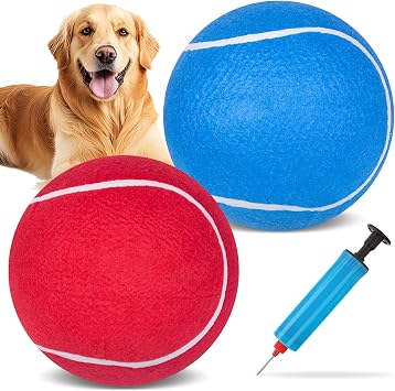 EXPAWLORER Giant Tennis Balls for Dogs - 2Pcs 9.5" Interactive Dog Ball Toy for Outdoor Indoor Training Playing Sports, Large Tennis Ball Toys with Inflating Needles for Small Medium Large Dogs