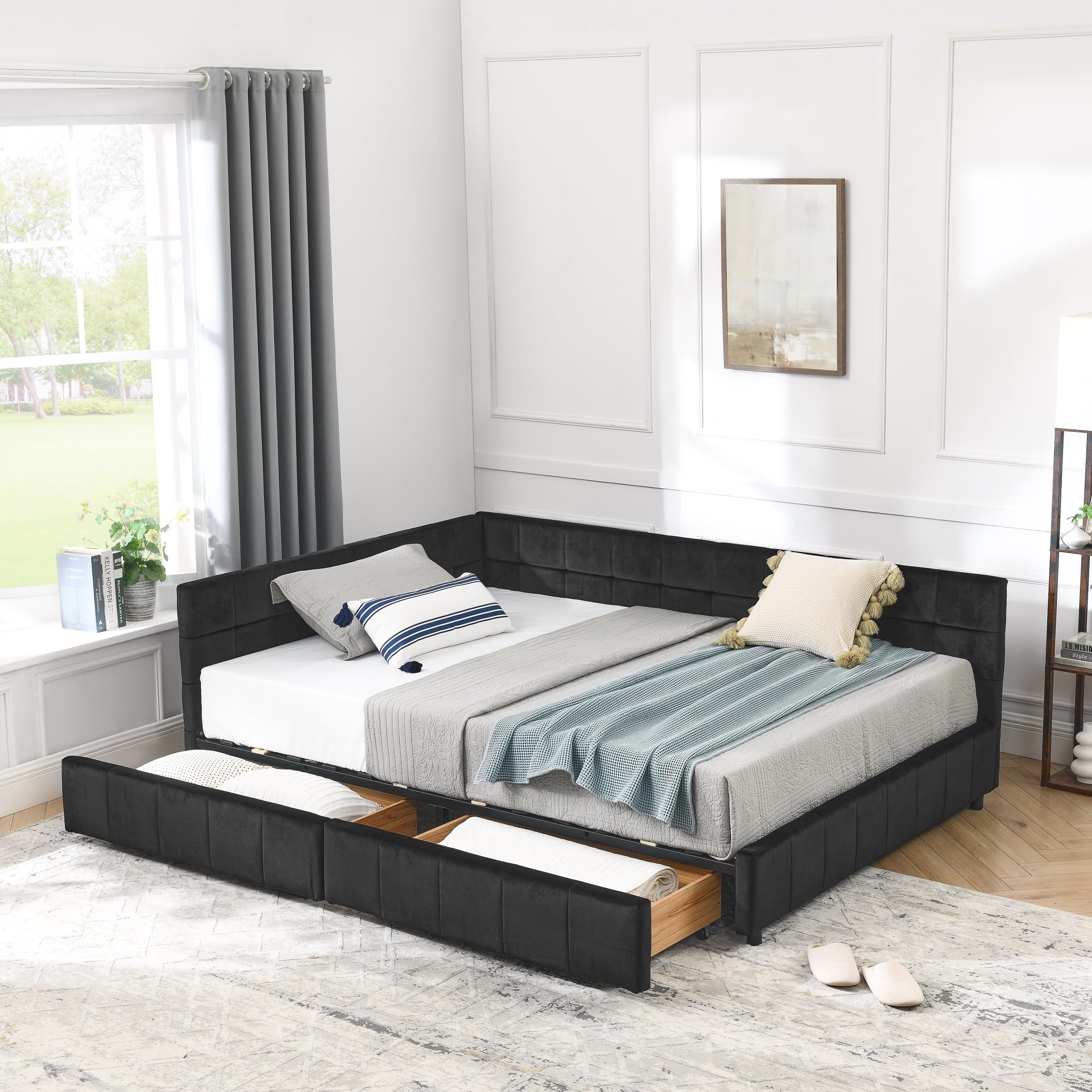 Olodumare Full Size Wood Daybed with 2 Drawers, Modern Elegant Velvet Upholstered Grid Pattern Padded Bed Frame with Spacious Under Bed Storage, No