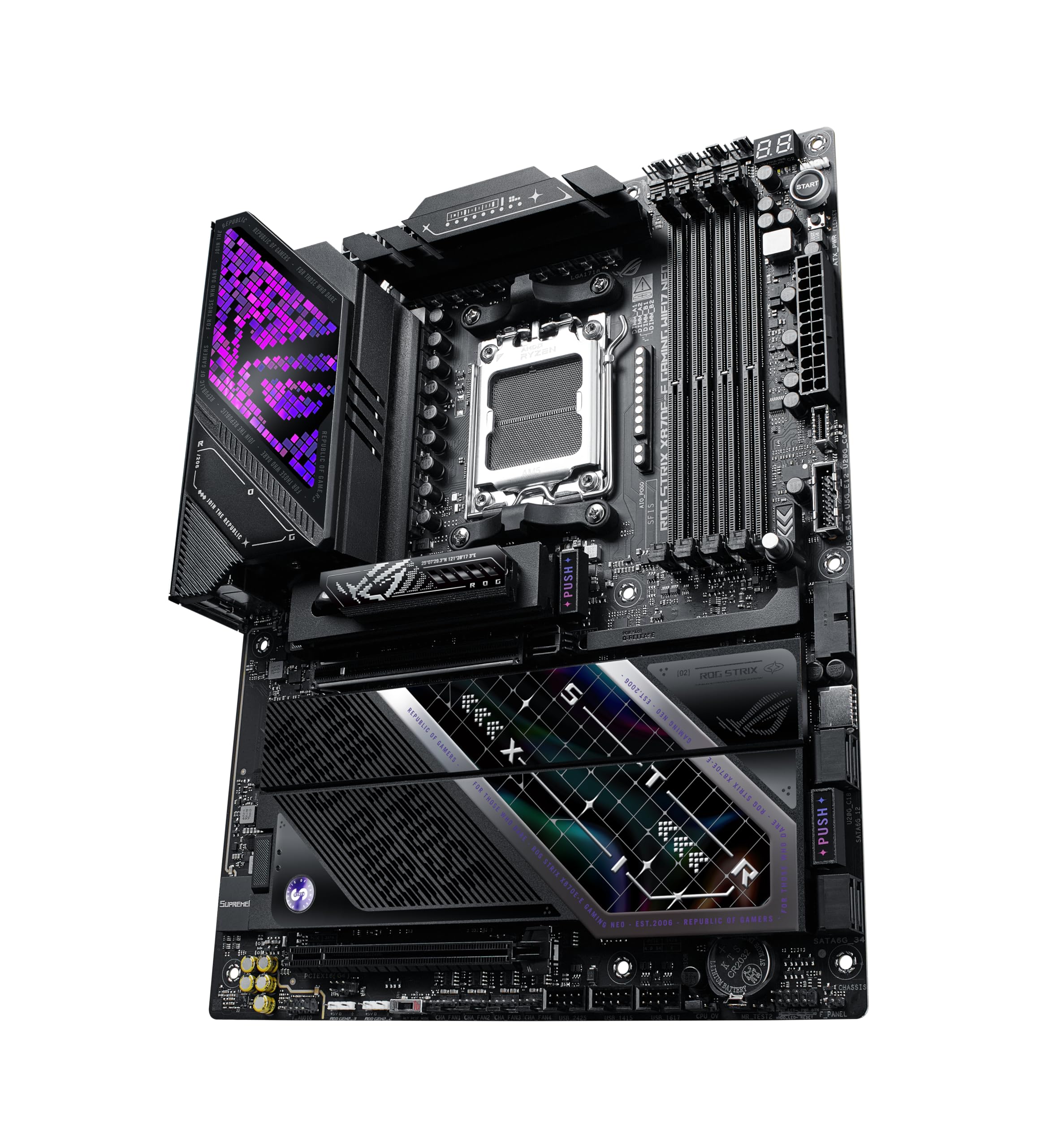 ASUS ROG Strix X870E-E Gaming WIFI7 NEO, placa base AMD ATX, 18+2+2 etapas de potencia, ranuras DDR5, cinco ranuras M.2, PCIe® 5.0 con soporte completo para GPU de próxima generación, Wi-Fi 7, USB 4