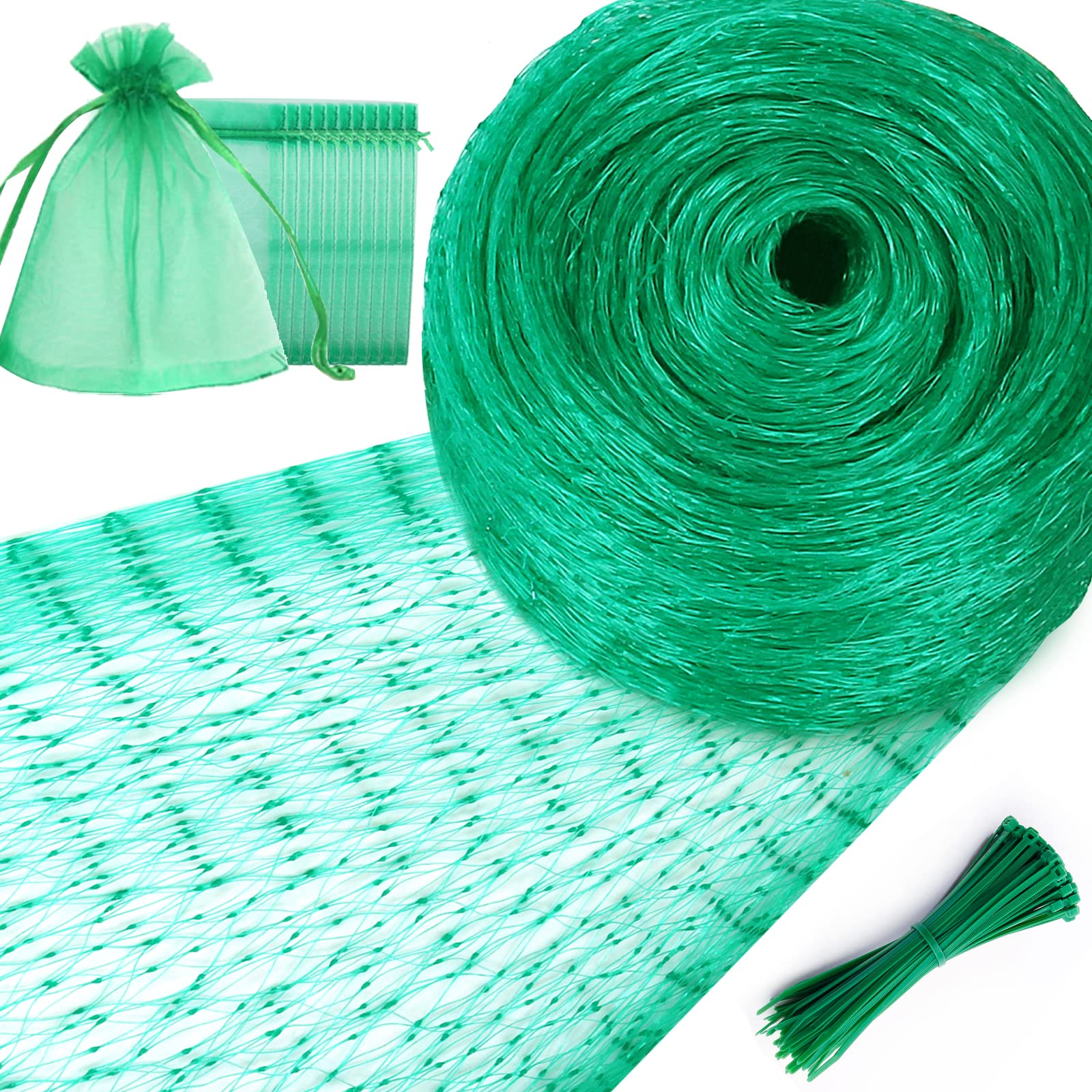 Photo 1 of 2 PACK 7x100FT Bird Netting + 20 Fruit Protection Bags, Garden Netting for Vegetable Plants, 6*8" Fruit Netting Bags with Drawstring, Poultry Netting for Chicken Coop, Fruit Tree Bags Mesh & Deer Fencing Net