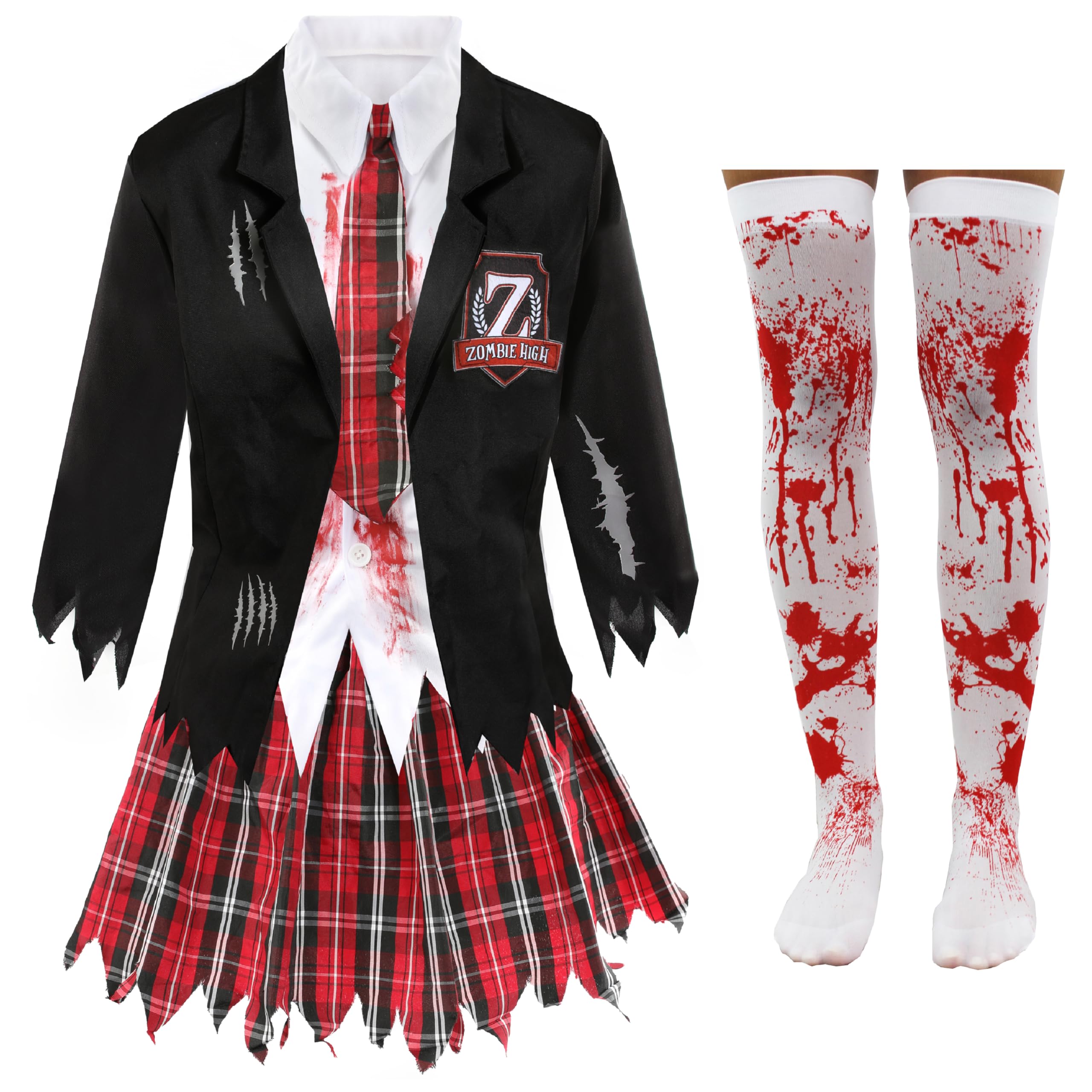 Ladies Halloween Zombie Schoolgirl Costume - Black and Tartan Bloodstained School Uniform with Tattered Edges - Adults Halloween Trick or Treat Fancy Dress Costume