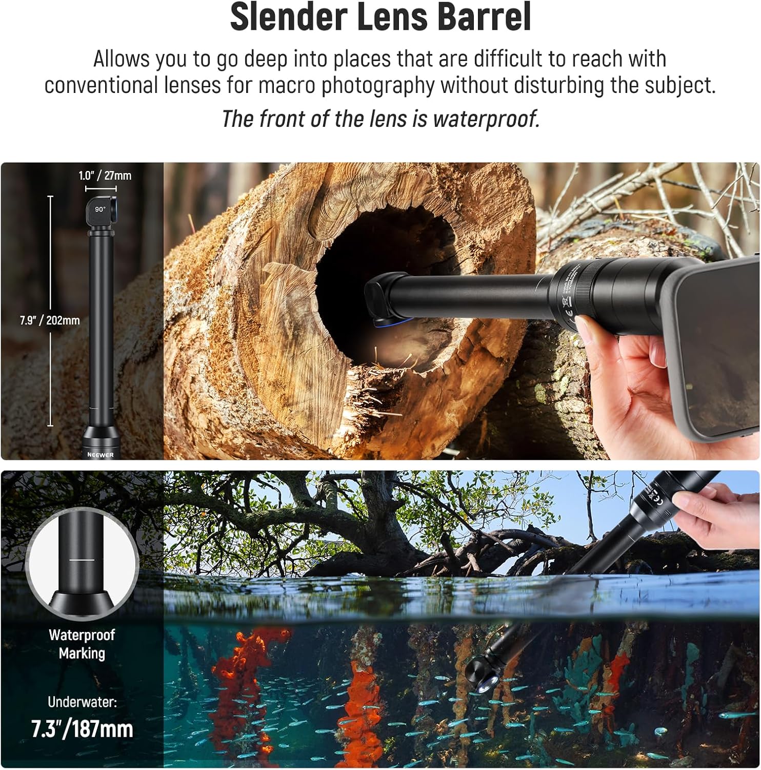 NEEWER Macro Probe Lens slender barrel in use