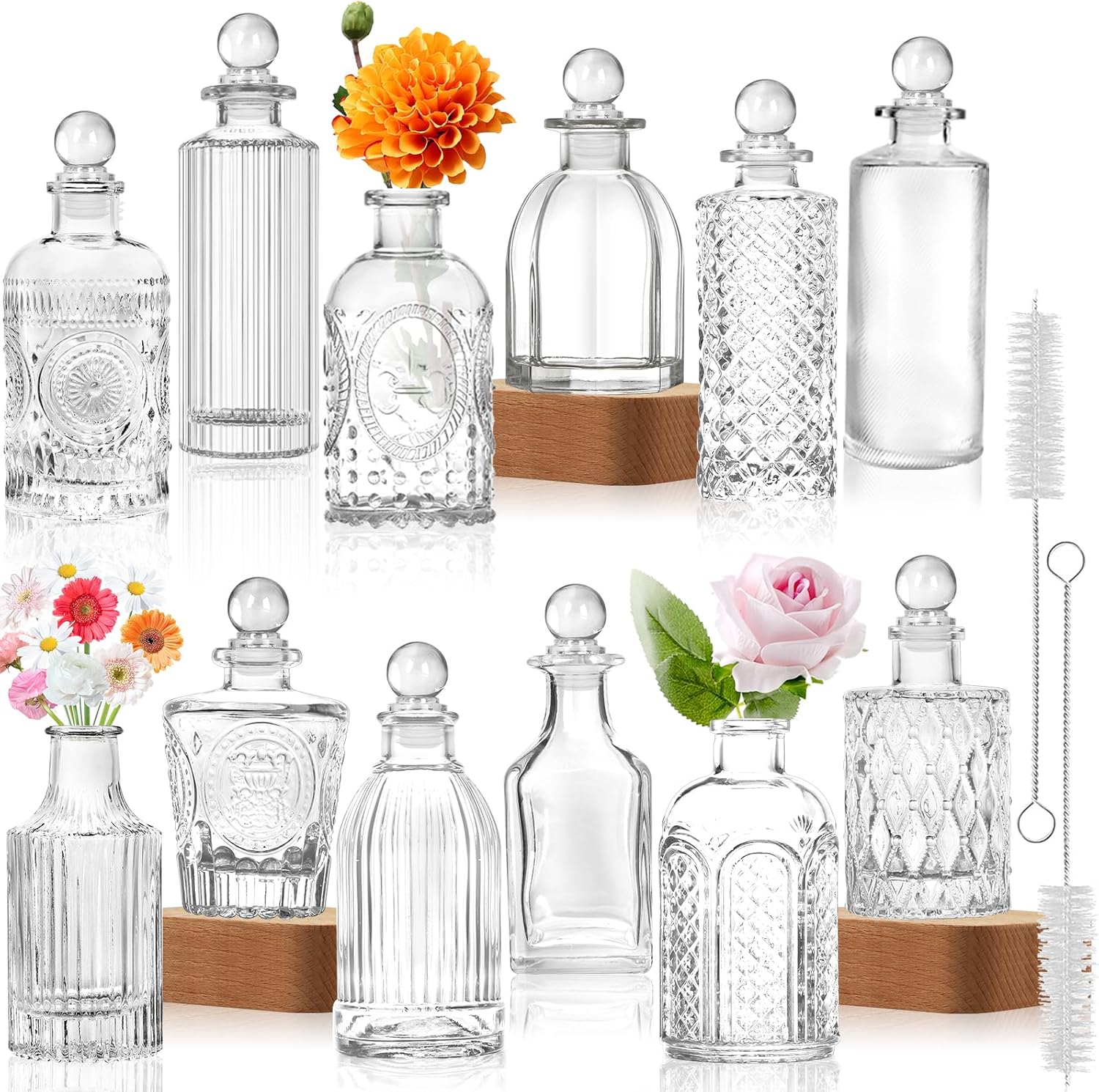 Clear Glass Bottles with Lids Bud Vases in Bulk Set of 12 Mini Flower Vase for Table Decor Small Bottle for Potion,Juice, Oils, Vinegar,Whiskey,Wine, with 2 Cleaning Brush,Dishwasher Safety