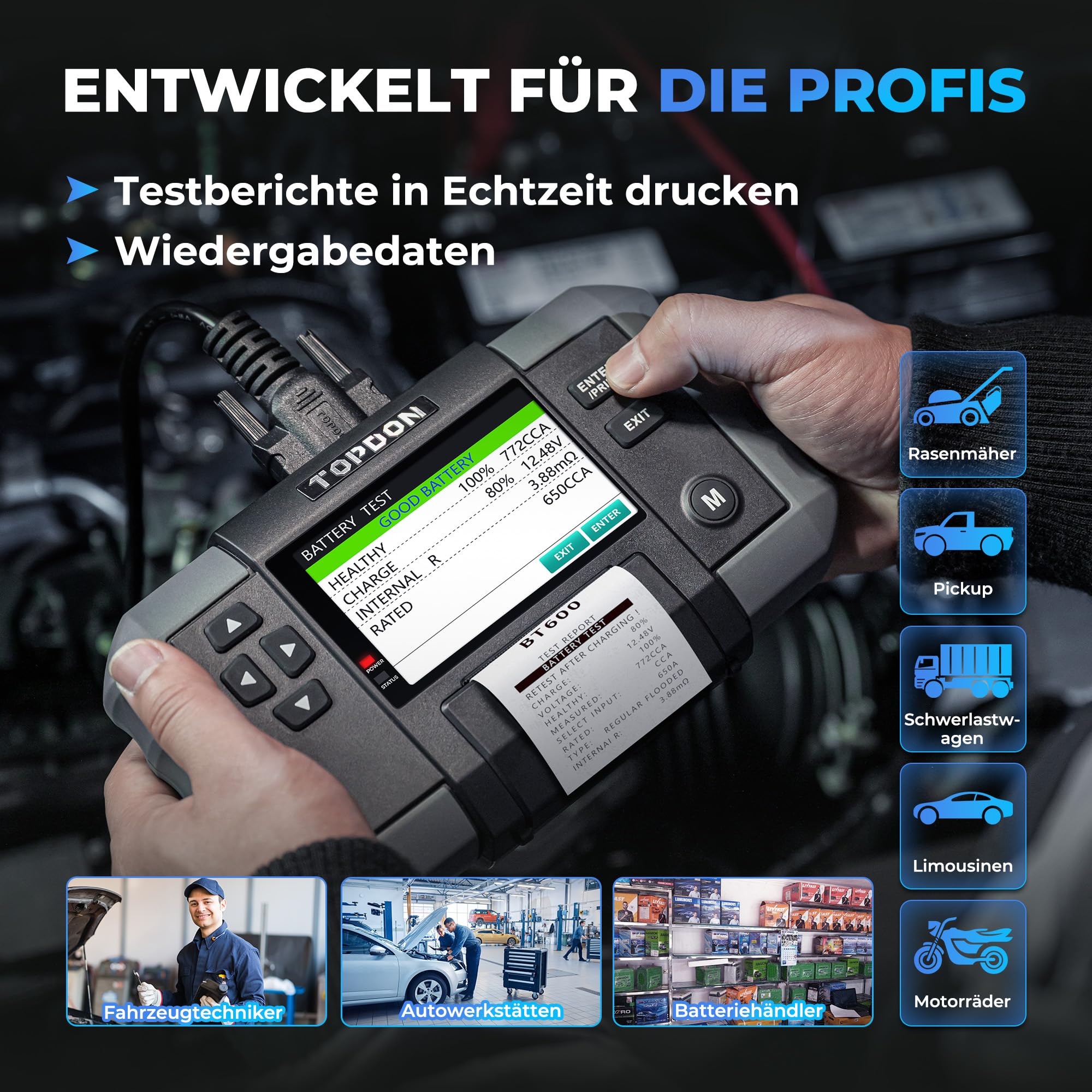TOPDON BT600 Batterietester KFZ 12V 24V, 100-2000 CCA Autobatterie Tester mit Drucker, 3,5 Zoll Farbbildschirm, 5,9 Fuß Kabel, Mini-USB für Software-Update, Verfügbar für Heimwerker und Profis