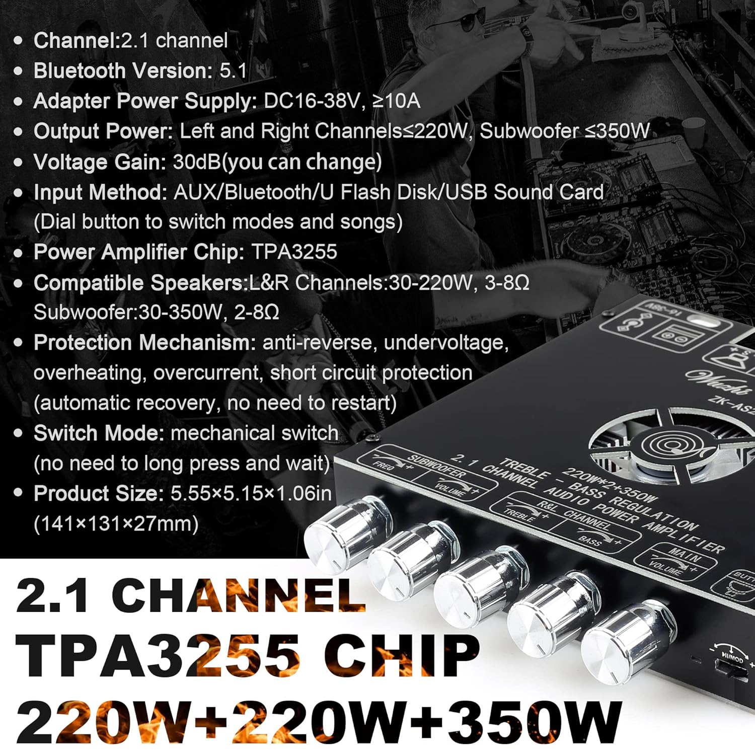 ZK-AS21 220W*2+350W 2.1 Bluetooth Power Amplifier Board with TPA3255 Chip, 18V-36V Bluetooth Speaker Audio Amplifier Module Vehicle Amplifiers