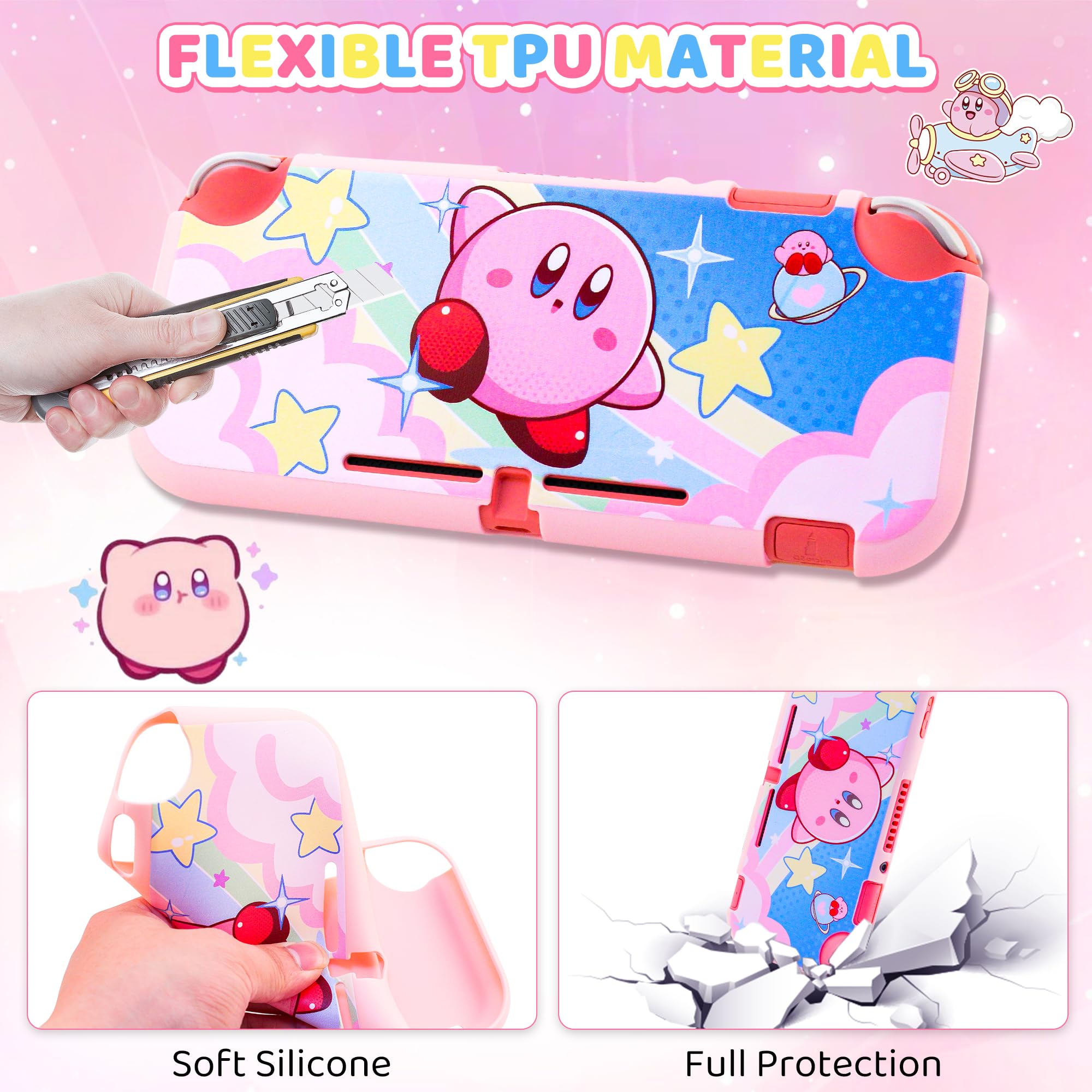 HYPERCASE Kit custodia per Switch Lite con custodia da viaggio rosa per accessori Lite, cover Softshell Switch Lite, pellicola protettiva per schermo HD, tracolla e 2 tappi per pollice Kawaii