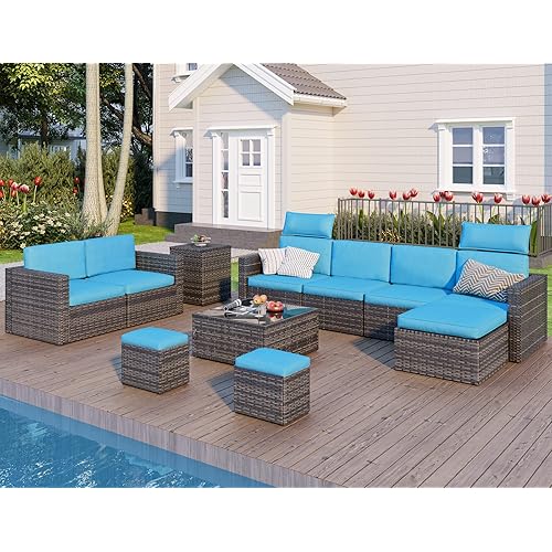 Sedeta 11Pieces Patio Furniture Sets, High Back Outdoor Sectional Sofa Couch, PE Wicker Rattan Patio Conversation Set with 3 Storage Table Box, 1Tempered Glass Table, Patio Furniture Covers, Blue