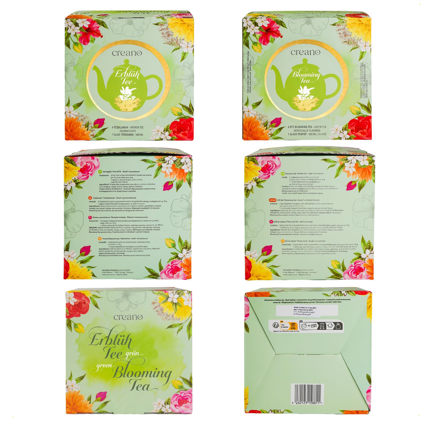 Creano Teeblumen Geschenkset - Flower Design - Erblühtee Frühjahrslese mit 500 ml Glaskanne und 6x grüner Tee - Geschenk zu Valentinstag, Muttertag