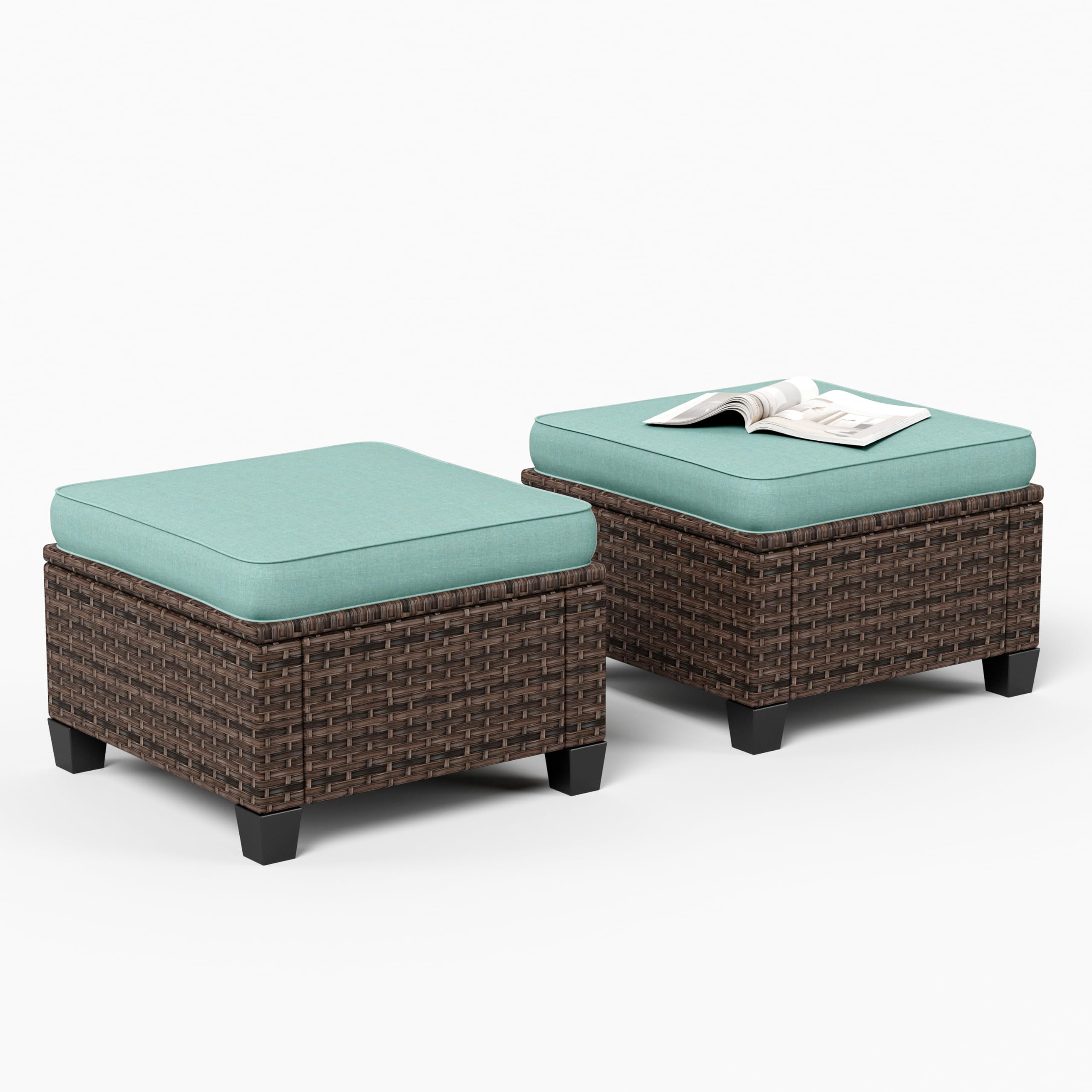SUNSHINE VALLEY 2 Pieces Outdoor Patio Ottomans/Coffee Table/Single Seating with Brown Premium Wicker Rattan and 4