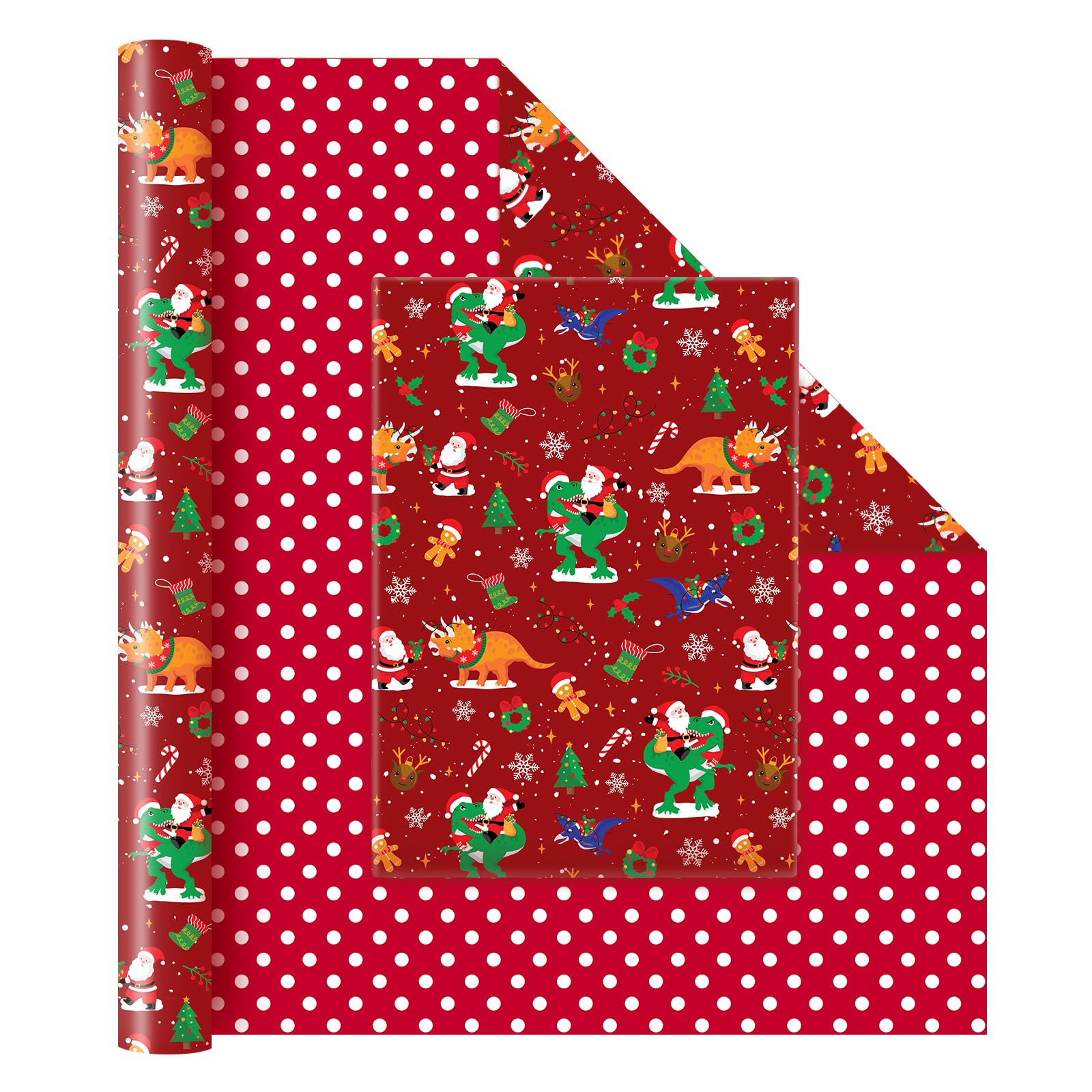 WERNNSAI Dinosaur Christmas Wrapping Paper Jumbo Roll - 1 Roll 17” x 33 ft Santa Kids Christmas Wrapping Paper Funny Christmas Wrap Decoration Reversible Polka Dot Xmas Party Gift, Red