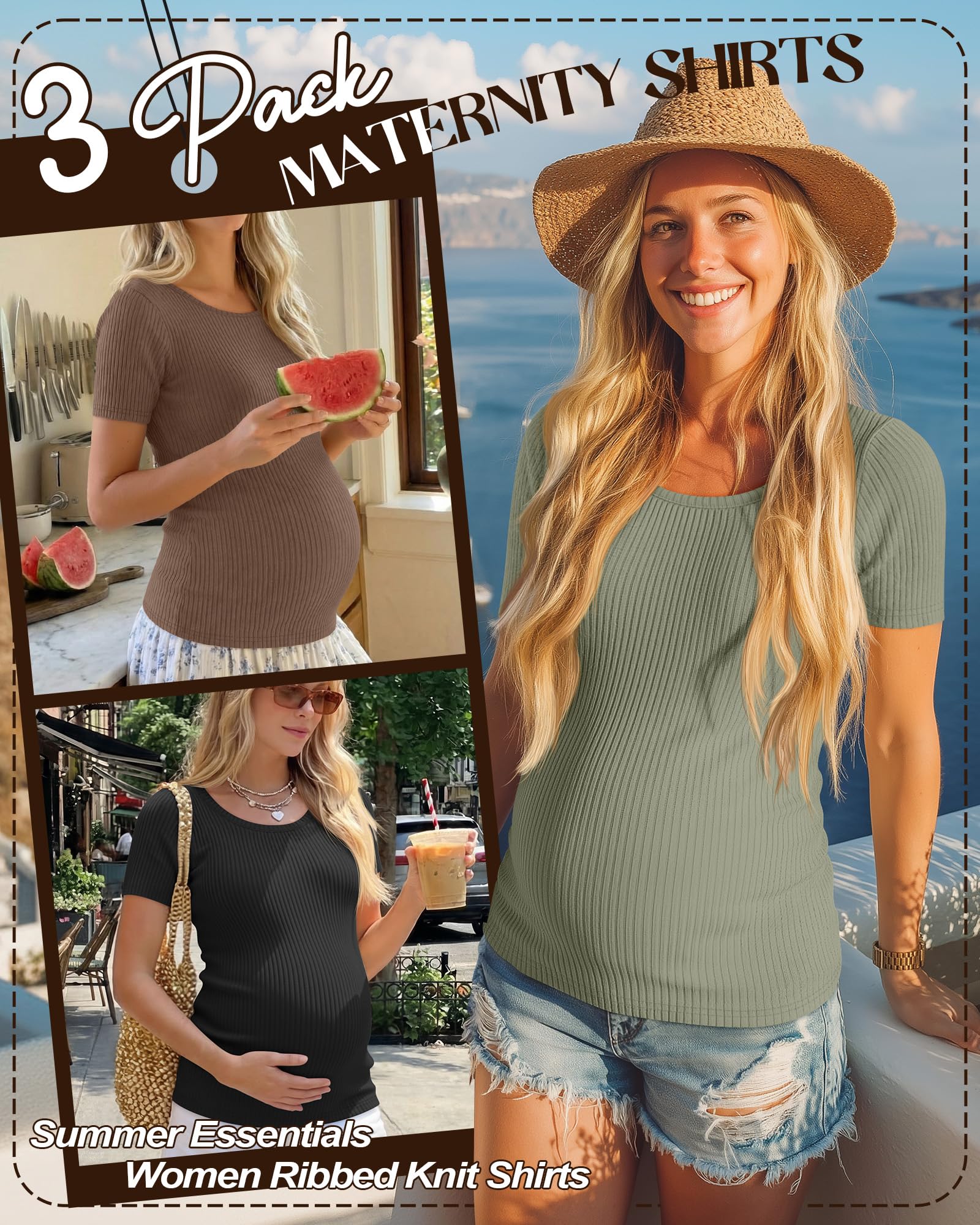 Condition photo showing New/Like New for 3 pack womens maternity shirts summer short sleeve ribbed pregnancy clothes casual loose fit workout cotton tees