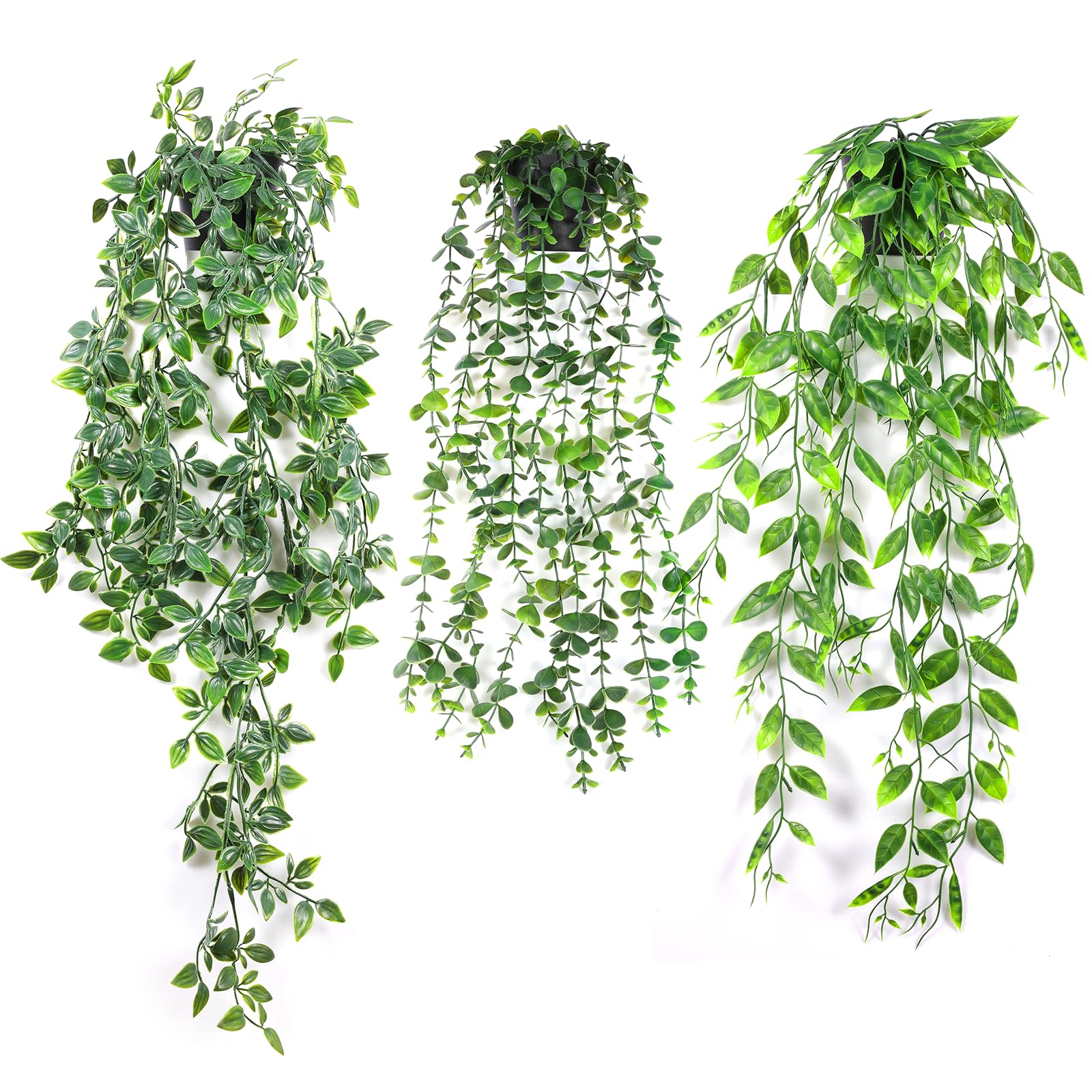 3 PCS Plantas Artificiales Colgantes con Maceta, Falsa Planta Colgante Vertical Decorativas, Decorativas Hanging Plants, Plástico Planta de Helechos Decoración Pared Terraza Jardín (Eucalipto corto)