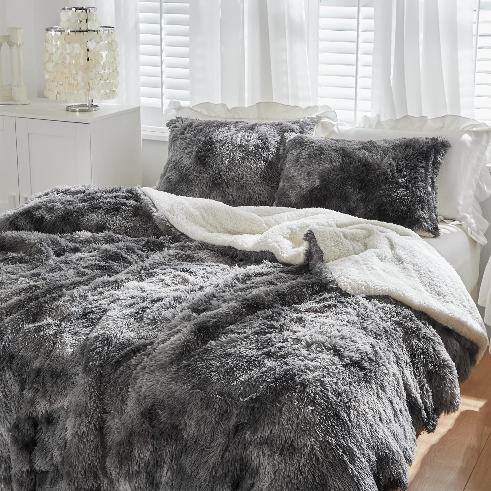 Photo 1 of FlySheep Luxury Faux Fur Shaggy Fluffy Comforter Set Twin Size Mixed Black and Gray Ombre Long Hair, Plush Sherpa Backing Reversible Bedding Set Super Warm for Winter Black-gray Twin 68"x86"