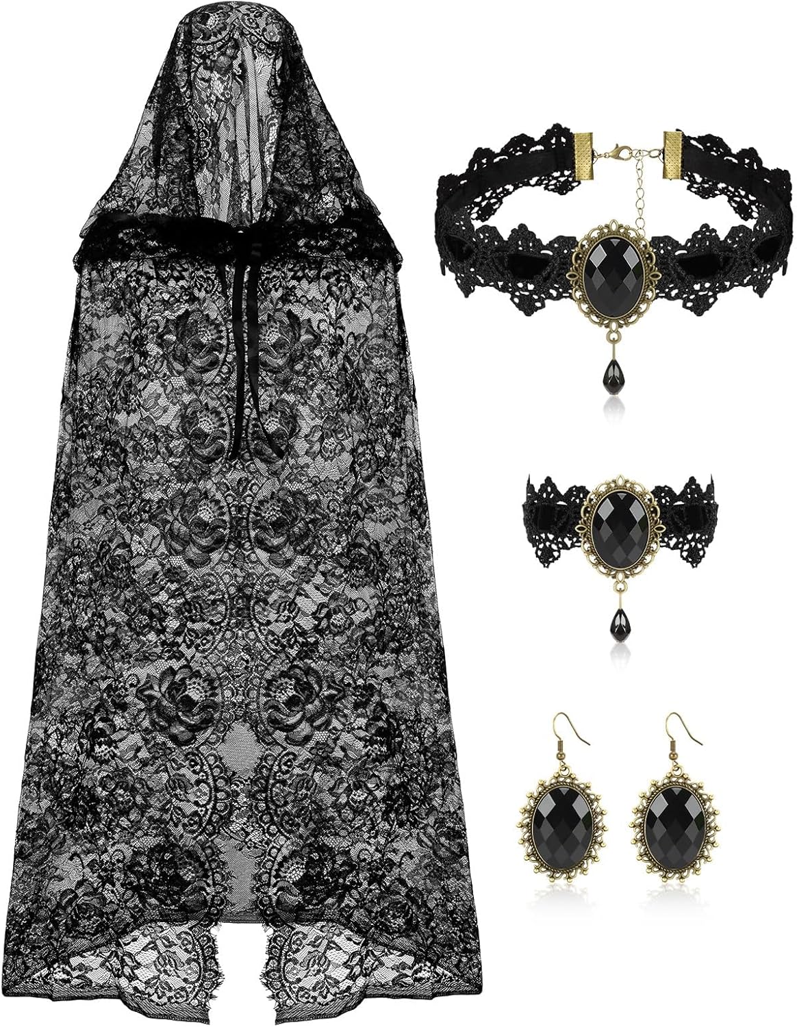 Halloween Witch Costumes, Witch Black Hooded Cloak for Women Gothic Choker Necklace Lace Bracelets Earrings Gothic Short Sheer Cape Vampire Cloak for Halloween Cosplay Costume - Image 2
