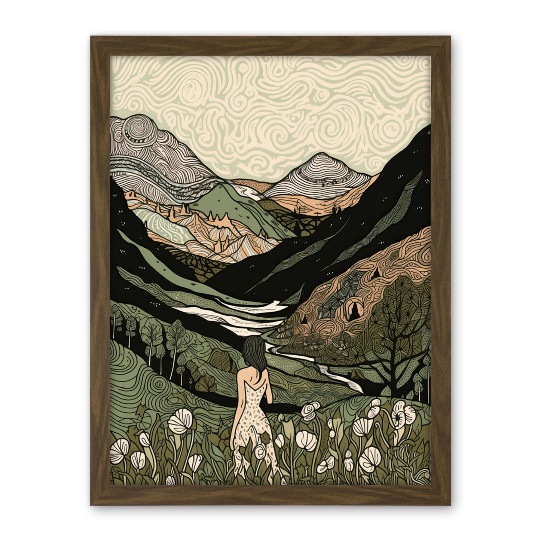 Artery8 Woman in Flower Field in Scottish Hill Landscape Artwork Framed Wall Art Print 18X24 Inch