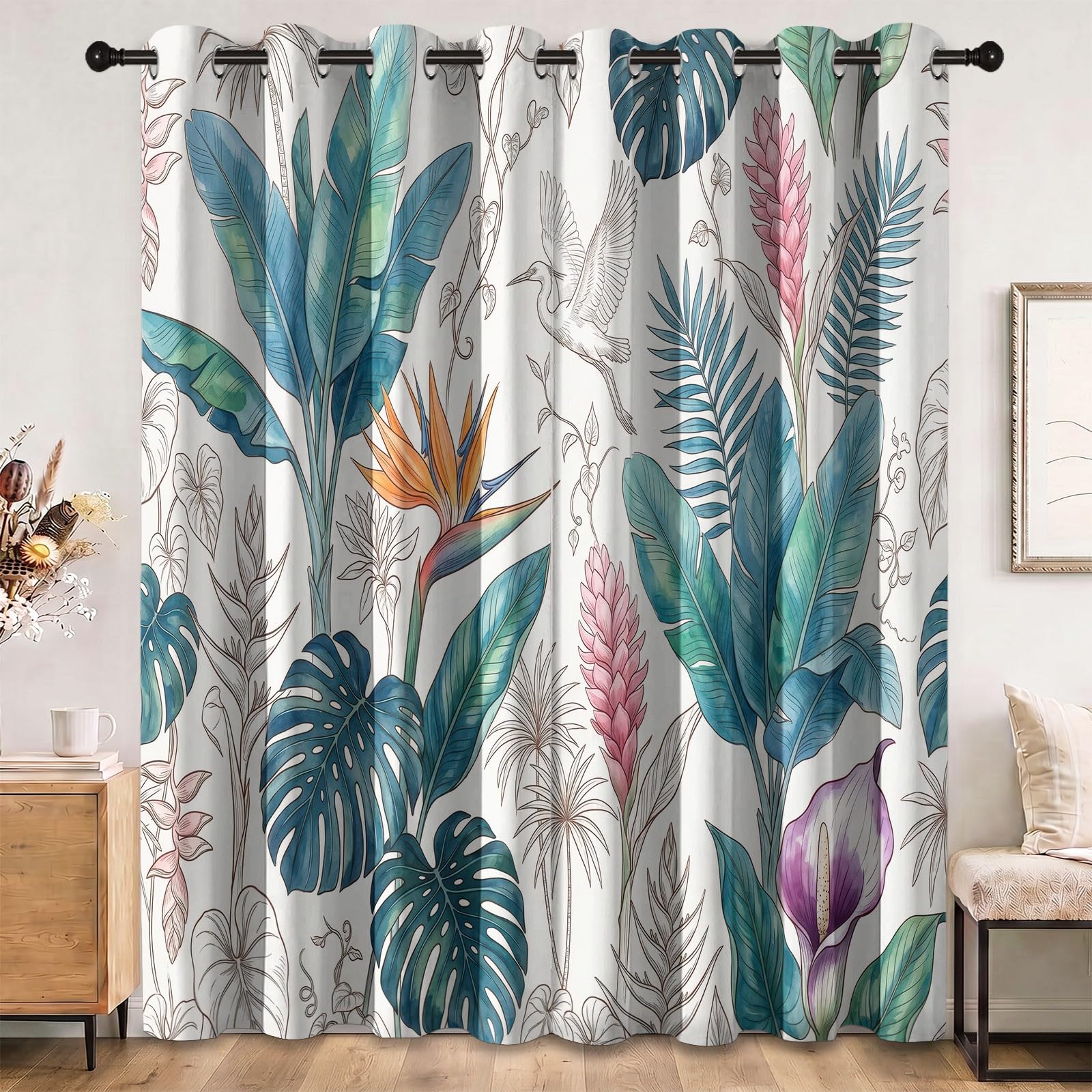 Rideau occultant à Motif de Monstera Tropicale, Plante Oiseau Rideaux œillets Isolation Thermique Traitements fenêtre à œillets pour Salle De Séjour, 70L X 240H cm (2 Panneaux), Vert Multicolore