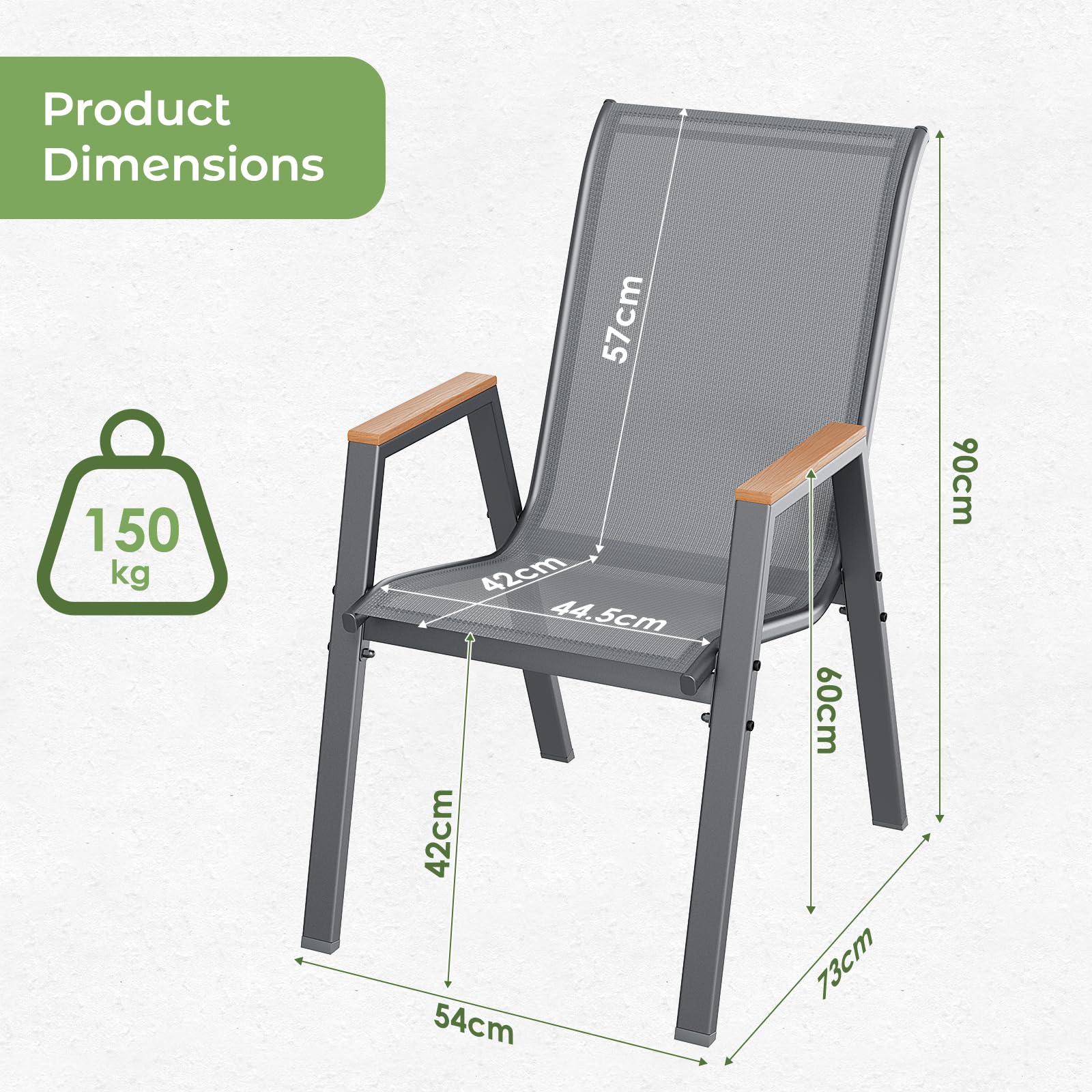 LIFERUN Gartenstühle stapelbar 4er Set Stapelstühle Hochlehner Terrassenstühle mit Armlehnen für Gärten, Innenhöfe, Balkone, Restaurants bis 150 kg Belastbar 54 x 73 x 90cm Grau