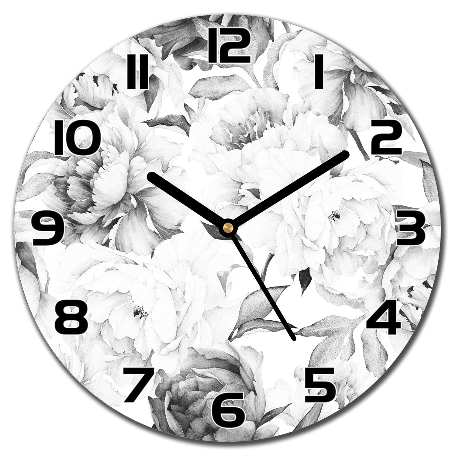 Horloge en verre murale pivoine 30 cm moderne avec aiguilles noires pour cuisine