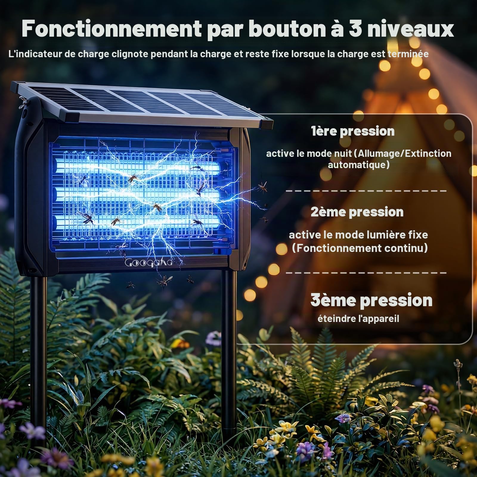 Désinsectiseur Électrique Solaire 10W Extérieur - Lampe Anti-Moustiques | Piège à Mouches 4000V avec Lampe UV, Étanche IPX5, Tue-Moustiques pour Cuisine, Maison, Patio, Jardin, Camping