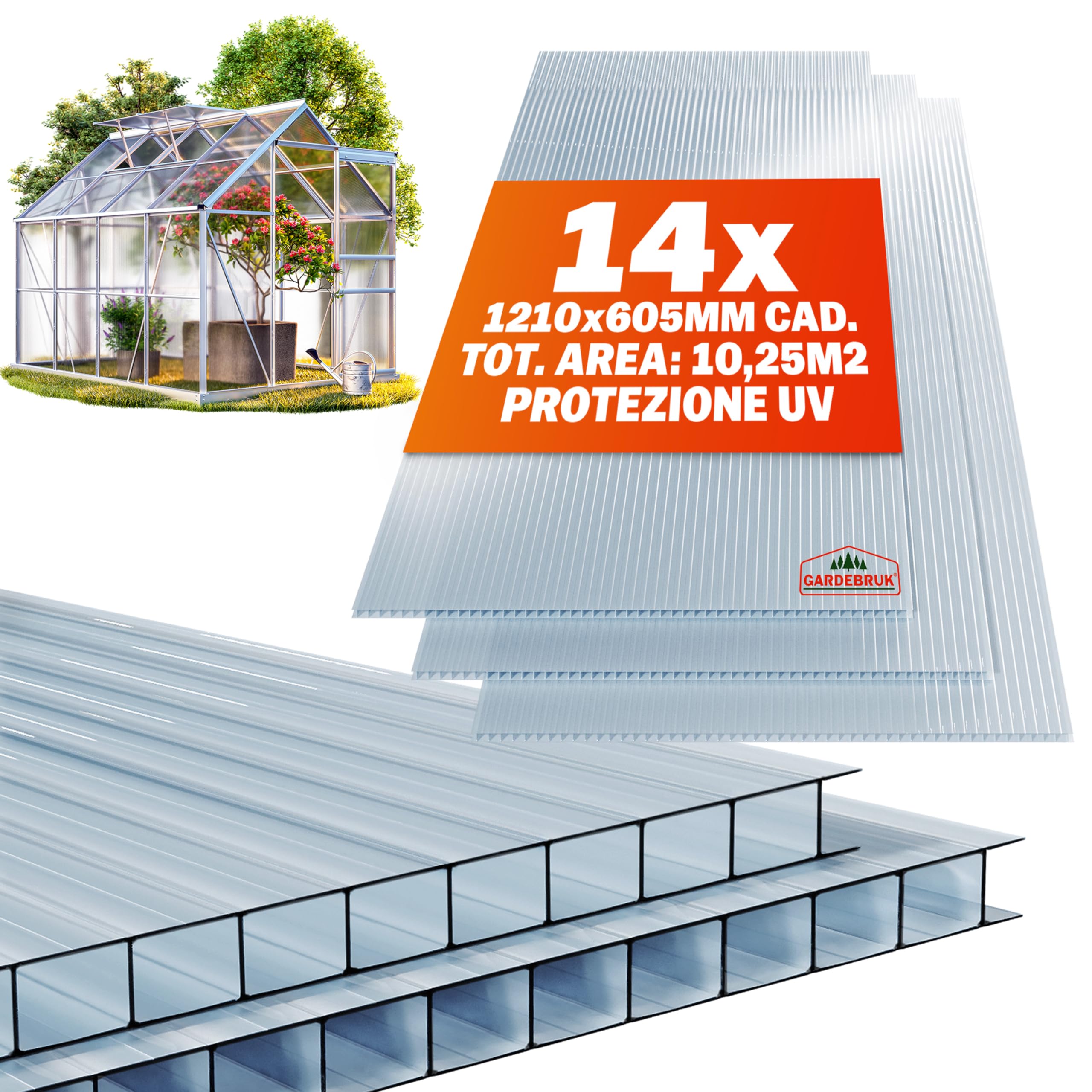 GARDEBRUK® 14 Fogli Policarbonato Alveolari 4mm 121x60,5cm 10,3m² Pannelli Copertura Tettoia