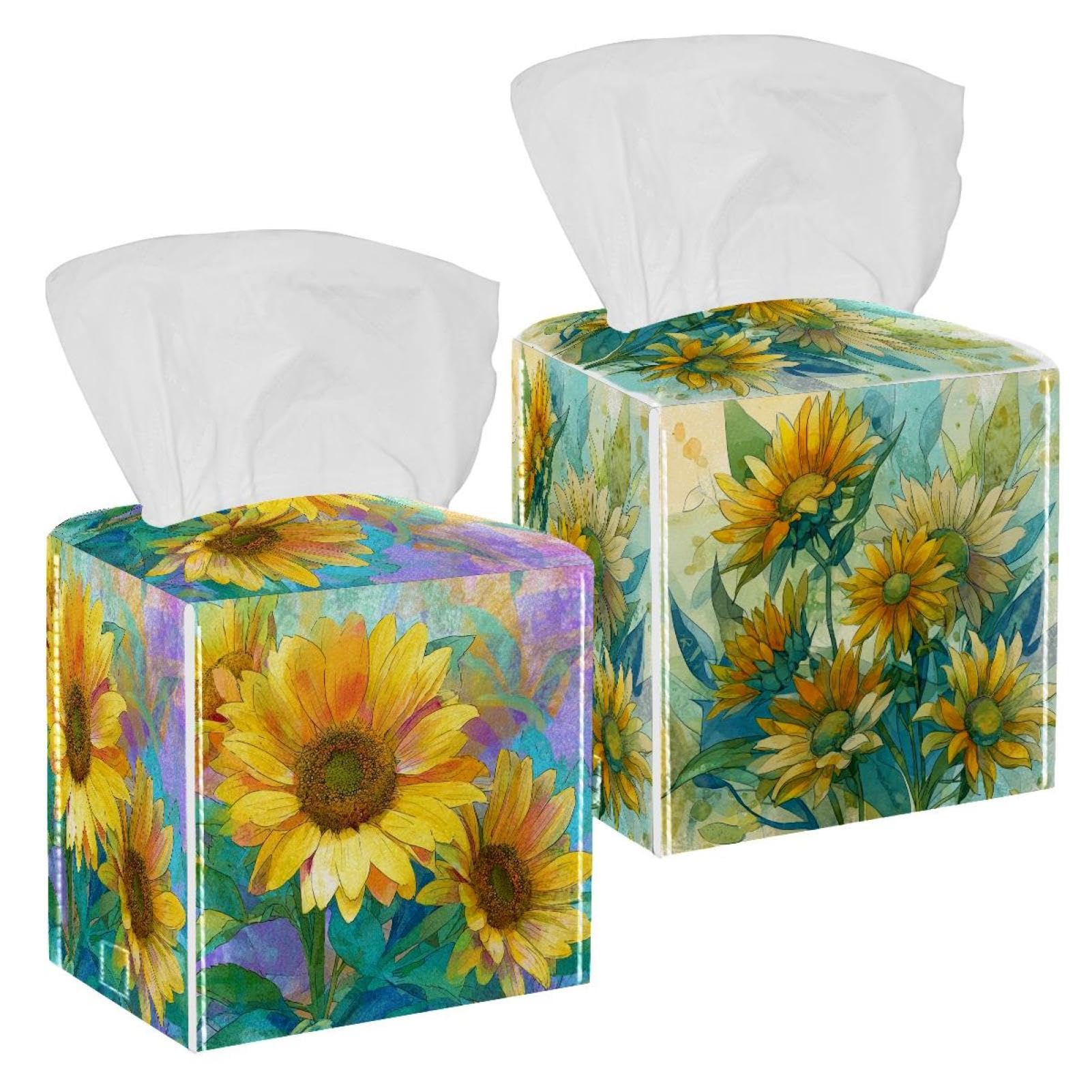 2 Pack Watercolor Art Sunflower Tissue Box Cover Holder Square Tissue Foldable Cube Cover PU Leather Tissue Organizer with Bottom Belt for Bathroom, Tabletop, Car, Night Stands, Office