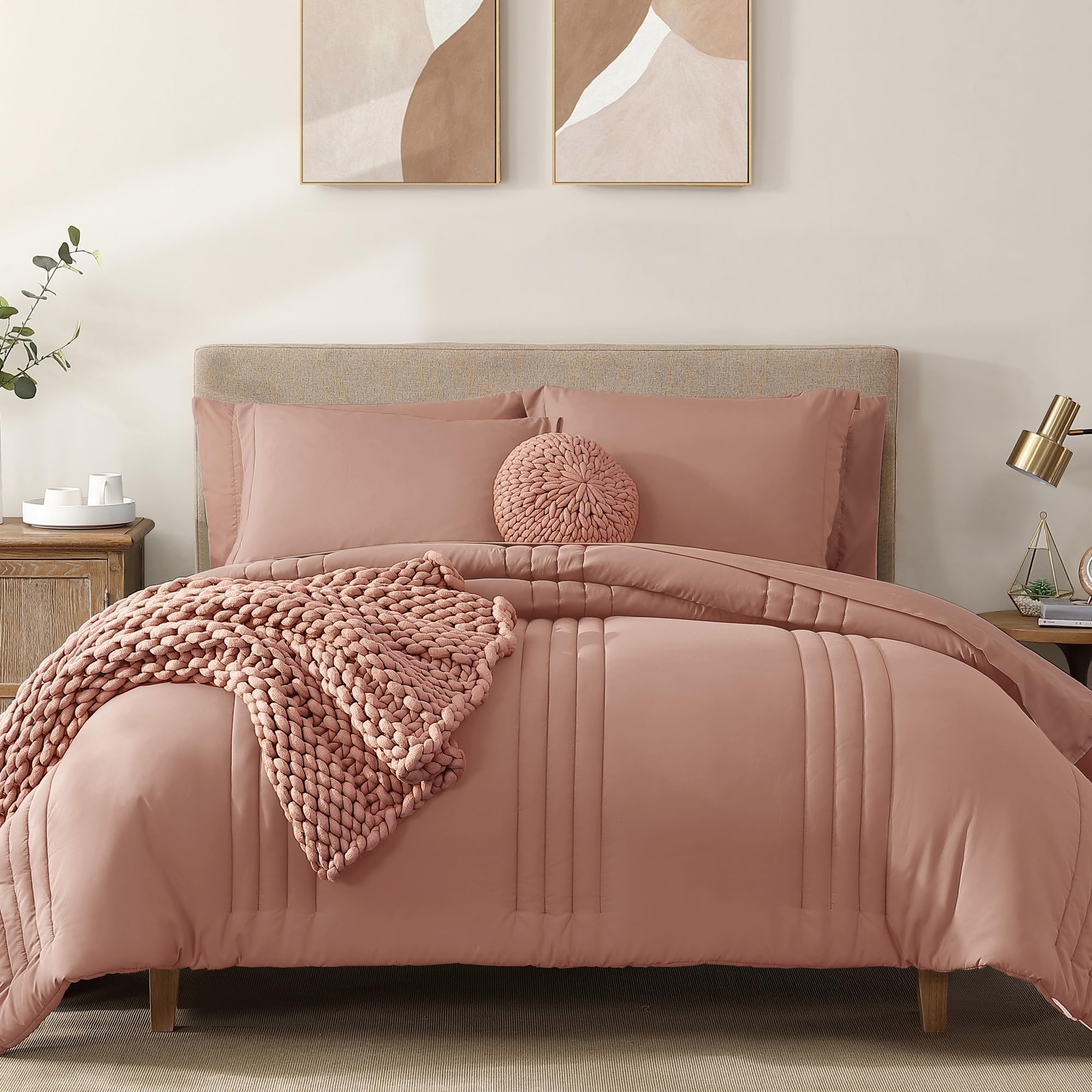 Photo 1 of Monbix King Size Comforter Set - 7 Pieces Bed in a Bag King, Clay Pink Bedding Sets with Comforter, All Seasons Comforter Bed Set with Sheets, Pillowcases & Shams