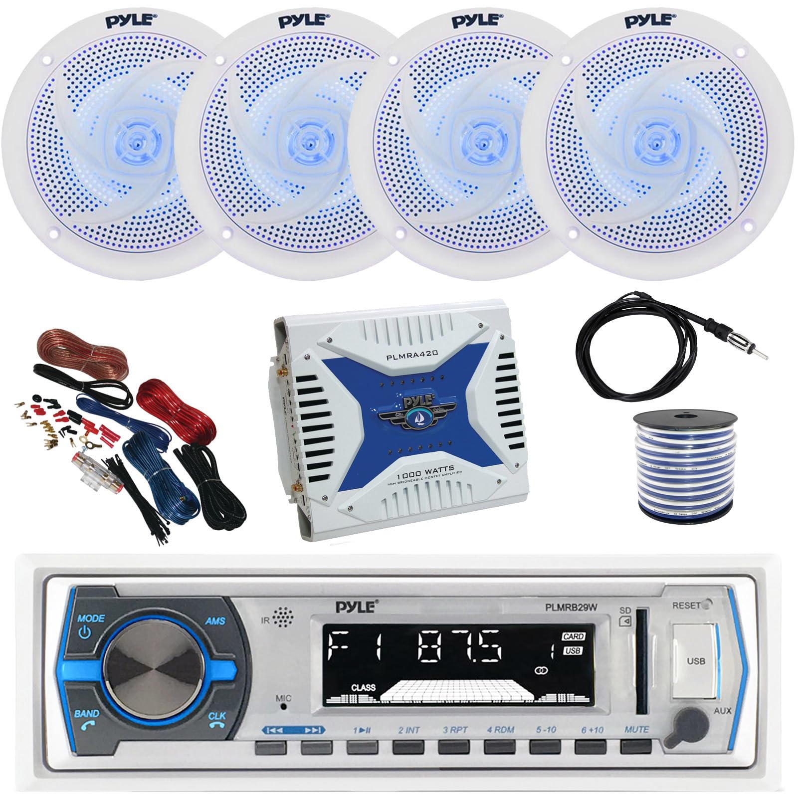 21-29' Pontoon Boat: Pyle Bluetooth Marine Receiver Bundle Combo with 4 X 6.5'' Waterproof White LED Speakers, 4 Channel 1000W Marine Amplifier, Amp Install Kit, 18 Gauge Speaker Wire, Antenna