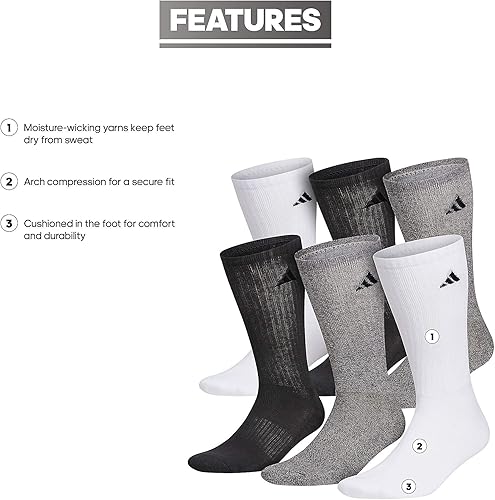 Miniatura 2 de adidas - Calcetines deportivos acolchados para hombre (6 pares), color blanco y negro