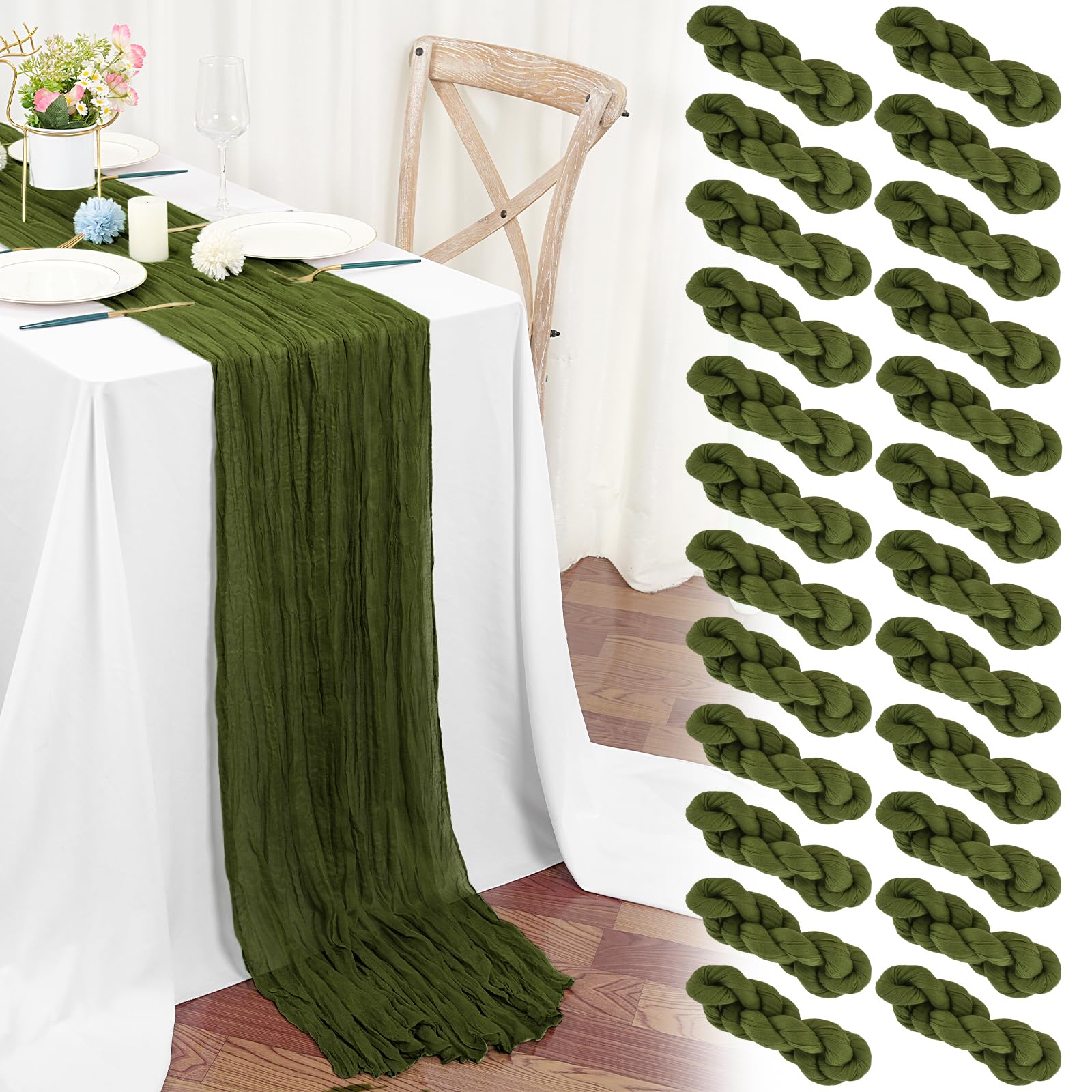 Teruntrue 24 Pack Olive Green Cheesecloth Table Runner 45x275 cm Boho Gauze Cheese Cloth Table Runner for Wedding Party Baby Bridal Shower Birthday Decorations
