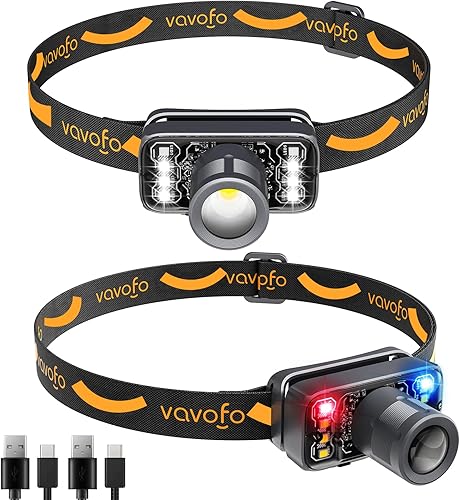 VAVOFO Paquete de 2 linternas LED para faros delanteros, 500 lúmenes, recargable, impermeable, con luz blanca brillante + roja, atenuación continua,