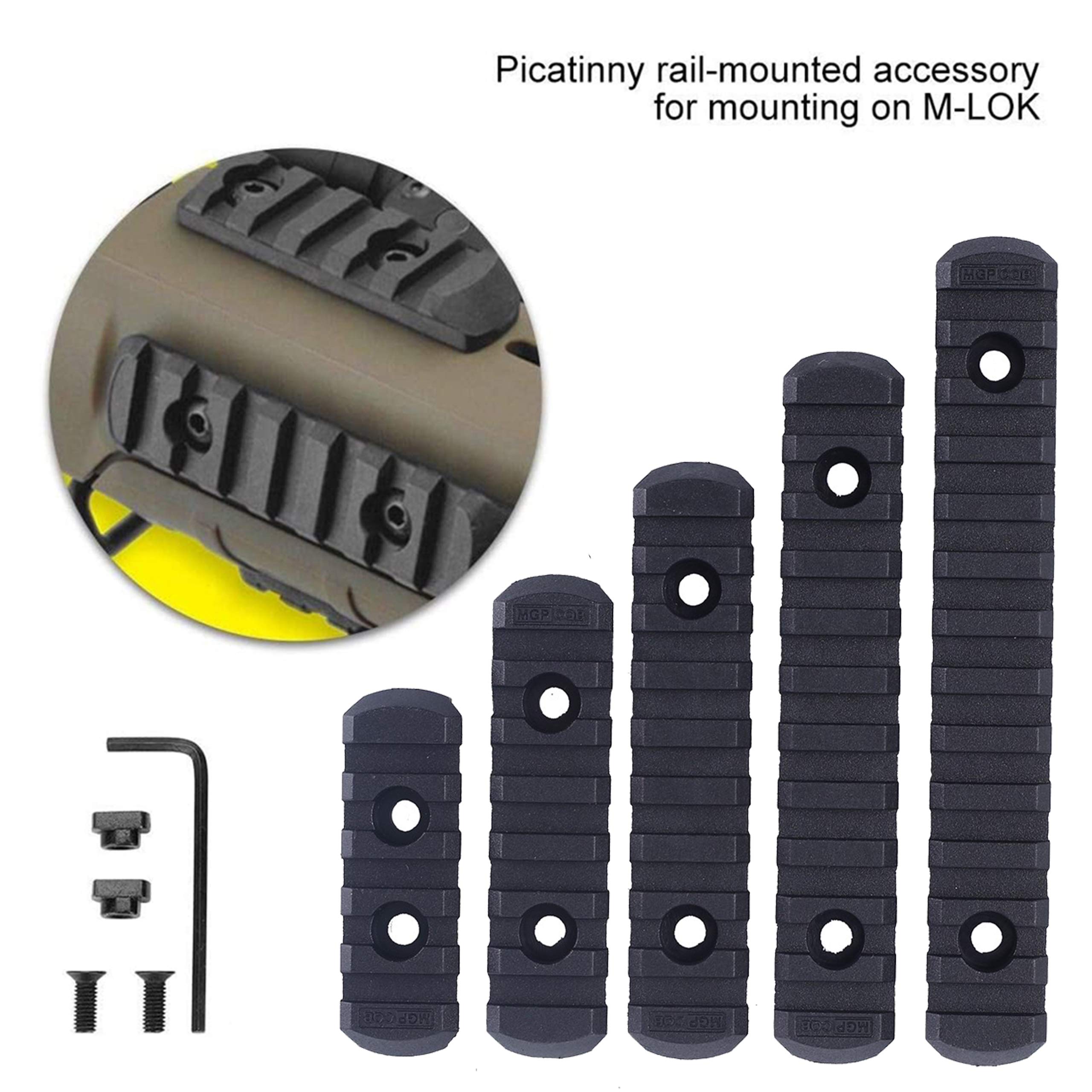 Rail Picatinny Pack 5 Rieles + Tornillos Mlok y Llave Airsoft para Rifle 20/21mm Tactico Adaptador Weaver Accesorios Arma de Caza Montura Visor de Paintball Handguard Keymod