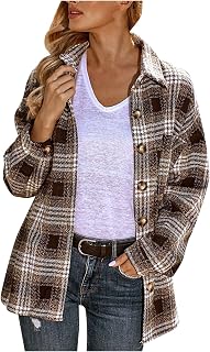 MKIUHNJ Women's Winter Coat with Women's Flannel Checked Shirts Colour Block Button Cardigan Long Sleeve Loose Thick Blouse Top with Pockets Coat Women's Winter Cashmere