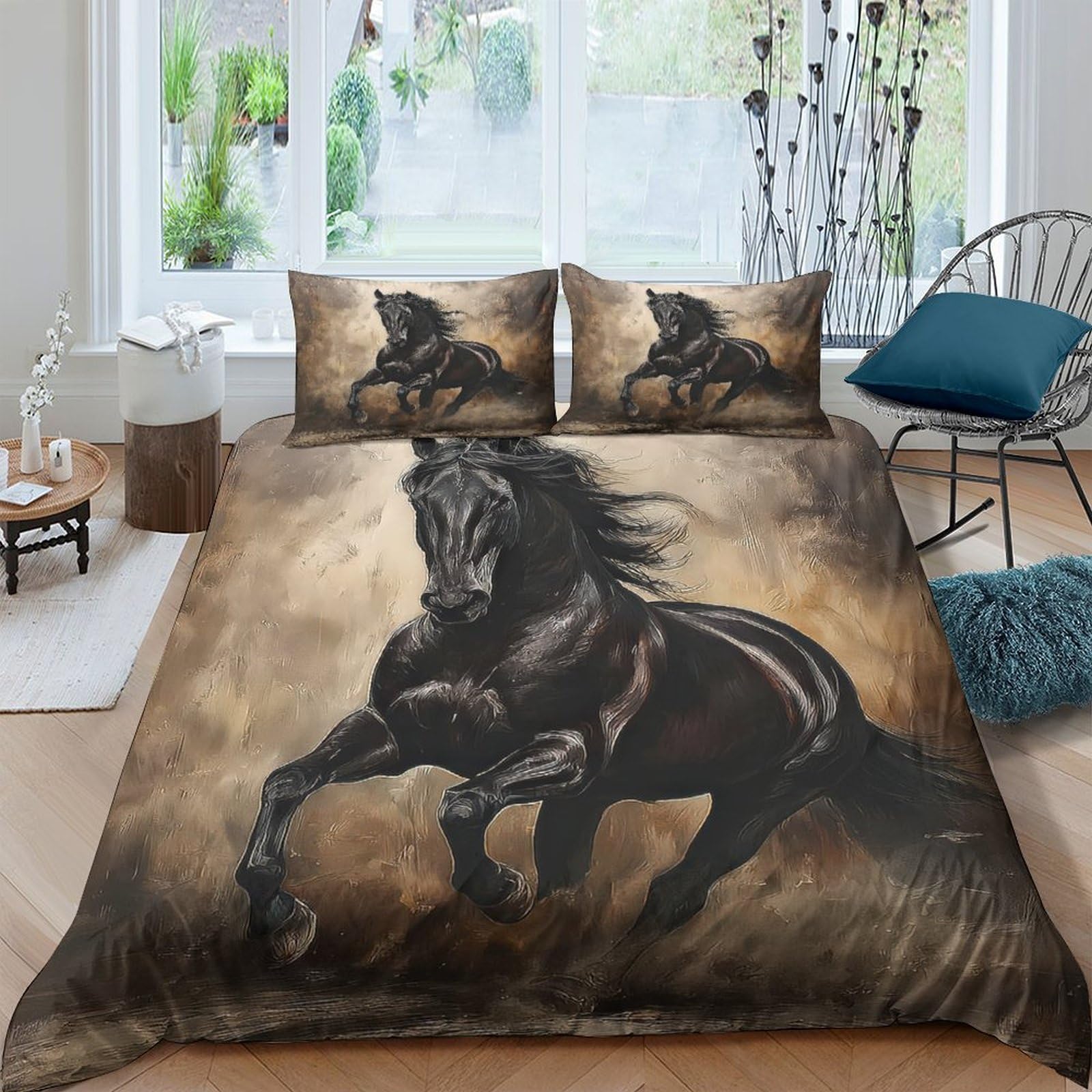 Ctjqhvkz Style-3 3D Printed Black Horse Fitted Sheet Microfiber Soft Brown Artistic Wild Stallion Mattress Cover For Bedroom Guestroom Decor Single（135X200cm）