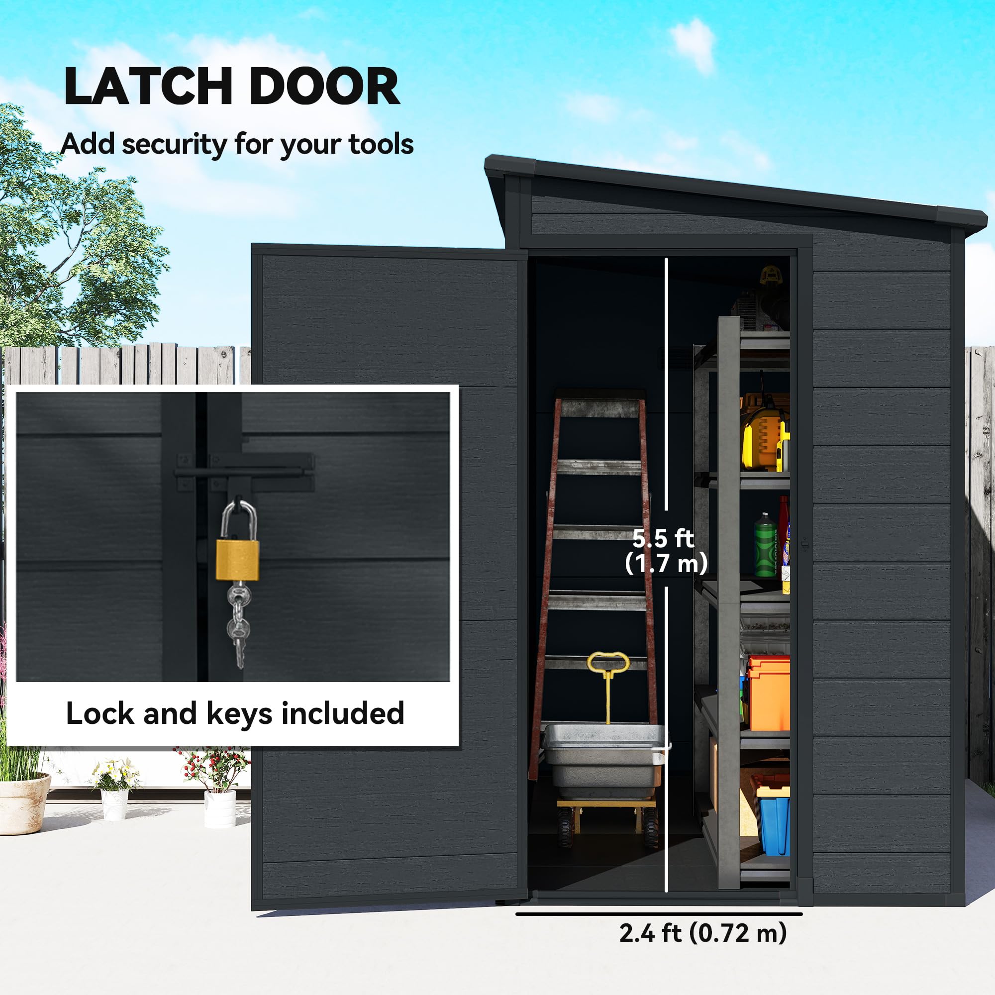 Outsunny 4.3' x 8' Outdoor Storage Shed with Floor, Garden Shed with Lockable Doors and Windows for Backyard, Patio, Garage, Lawn, Dark Grey — view 5