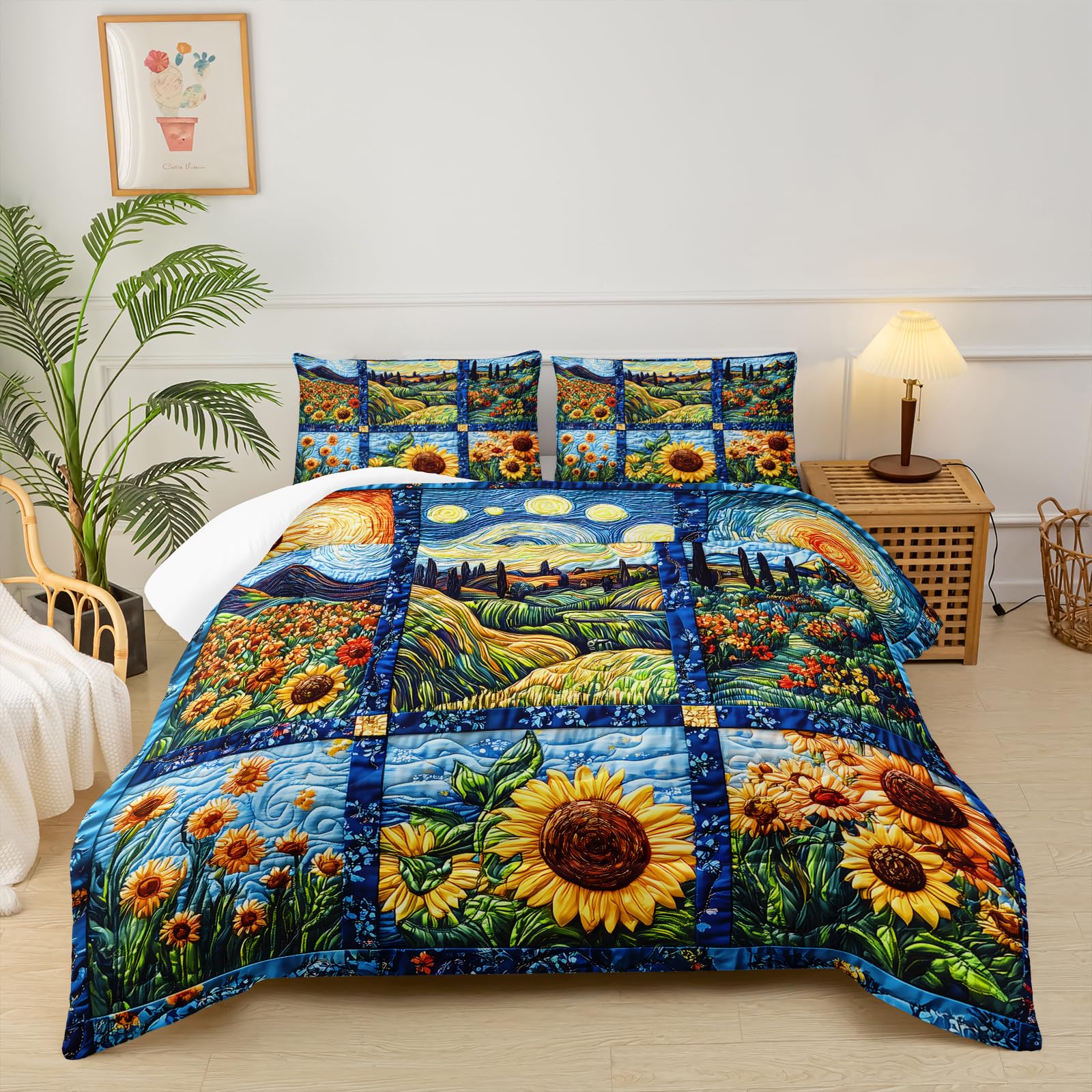 Yellow Sunflower Queen Size Comforter Set，Bedding Queen Size Quilts Sunflower，Rustic Farmhouse Bedroom Set Bedding Set，with 1 Comforter with 2 Pillow Case