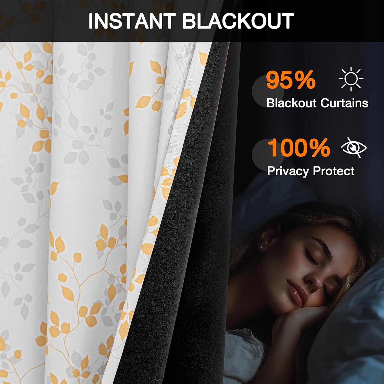MEETSKY 95% Blackout Yellow Curtains 84 Inches Long 2 Panels Set - Leaves Printed Curtains for Living Room, Grommet Thermal Insulated Drapes, Light Blocking Window Curtain for Bedroom (52''W x 84" L)