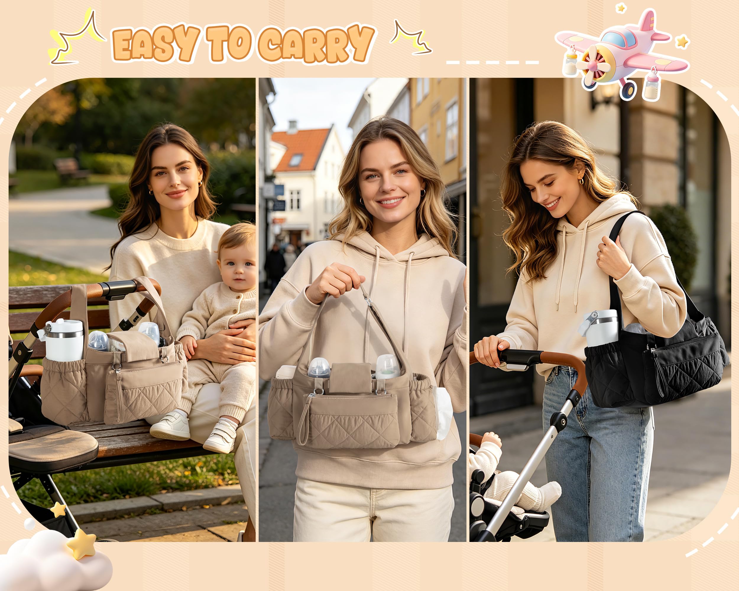 Marscamd Kinderwagen-Organizer mit doppelt isolierten Getränkehaltern, Camel | 3 Tragemöglichkeiten, mit abnehmbarer Handgelenktasche, Feuchttuchspender und großem Flaschenhalter, gestepptes Design