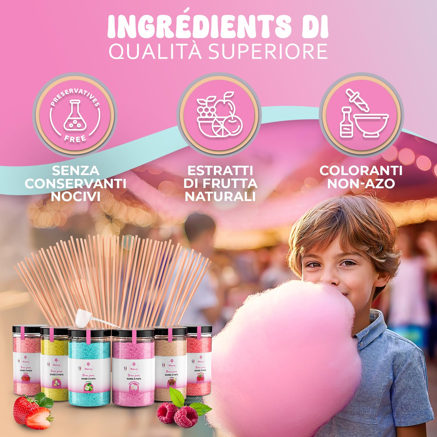 Misskandy, zucchero filato per macchina/lotto da 1,8 kg (6 * 300g) / aromi: fragola, pina colada, marshmallow, mela, cola, lampone + 50 bastoncini di (30 cm)