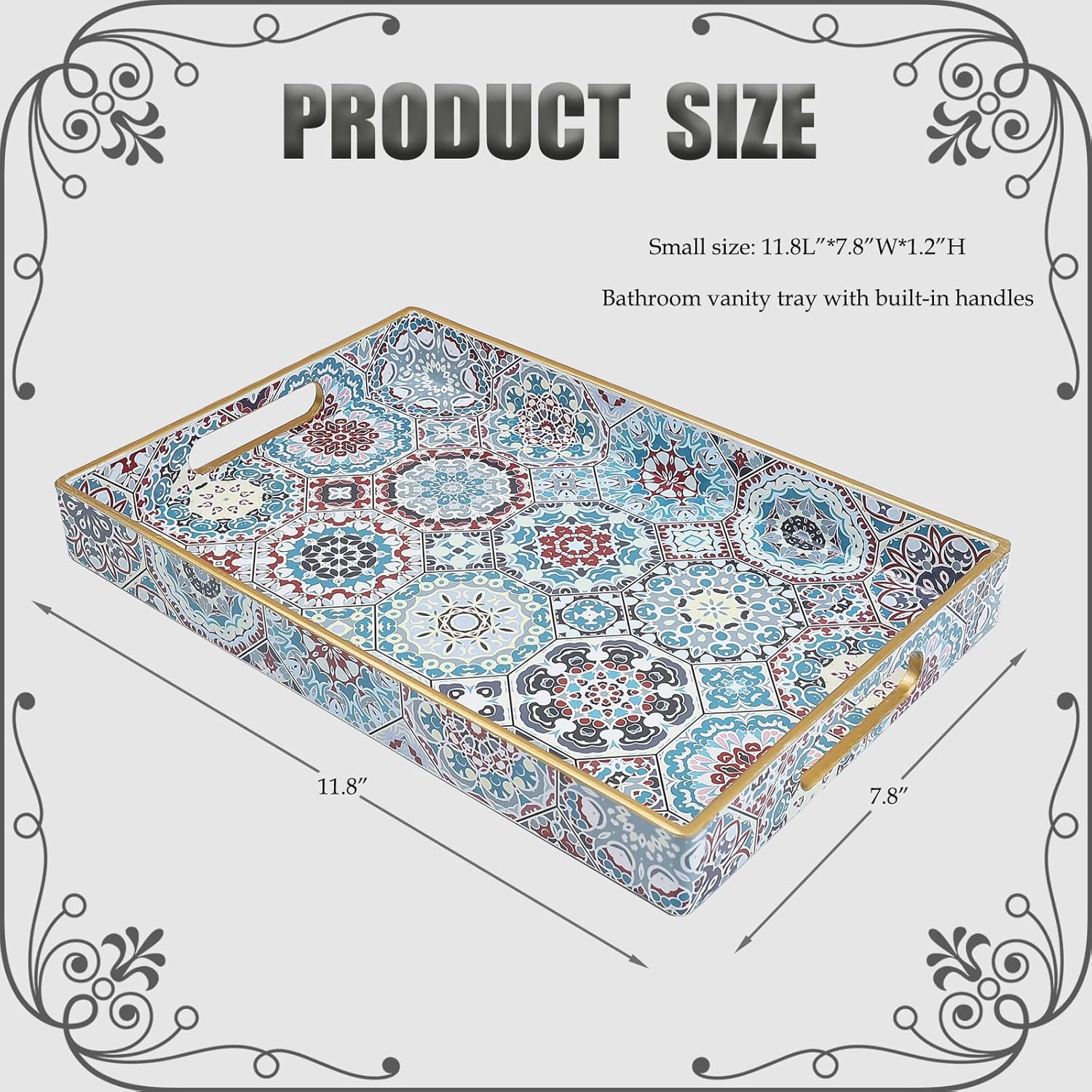 Decorative Serving Tray with Handles, Small and Large Ottoman Tray for Dresser Top