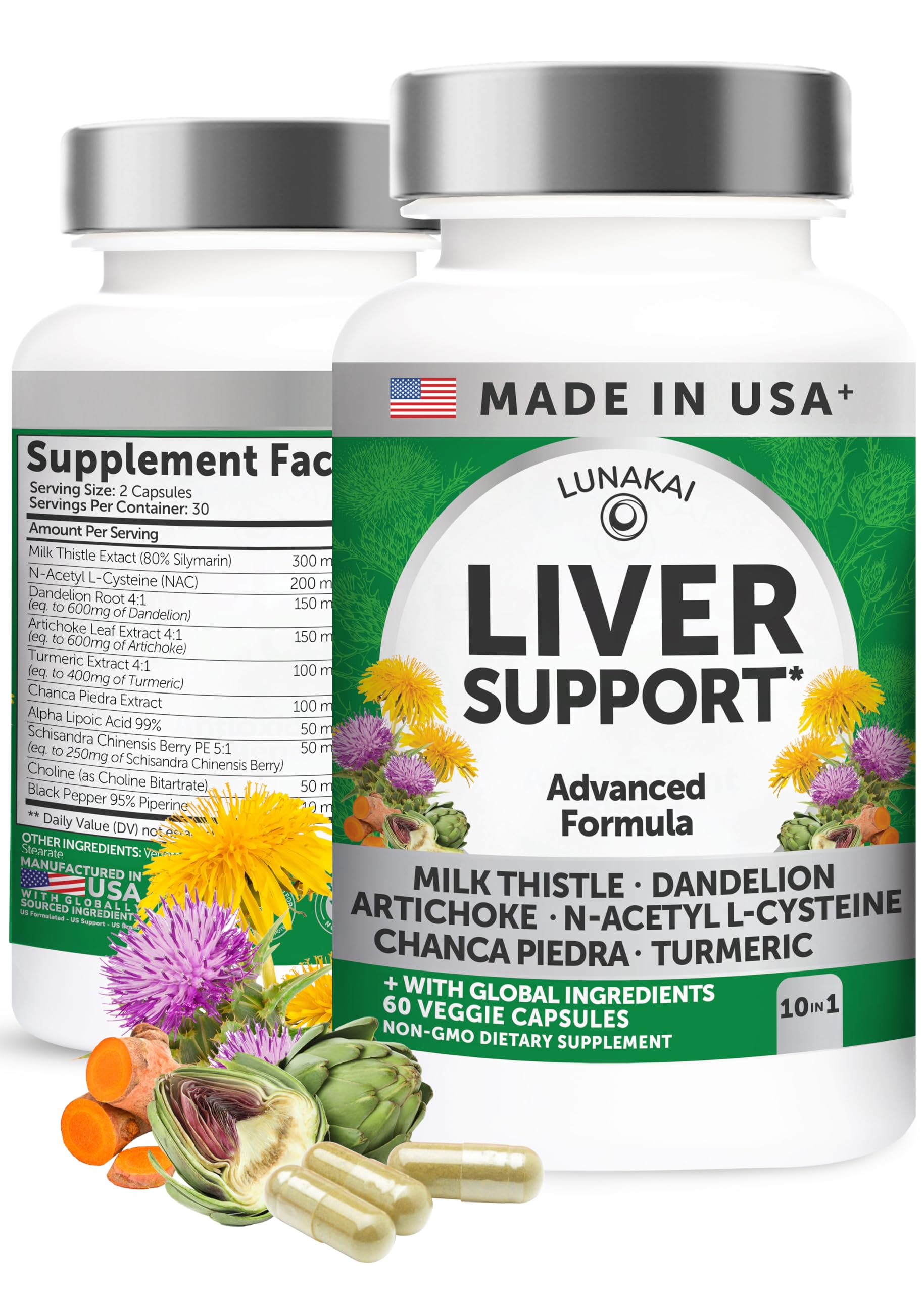 Lunakai USA Made Liver Cleanse Detox & Repair - 10-in-1 with Milk Thistle & NAC – Liver Support Supplement Capsules for Men & Women, Daily Health, Non-GMO, 60ct