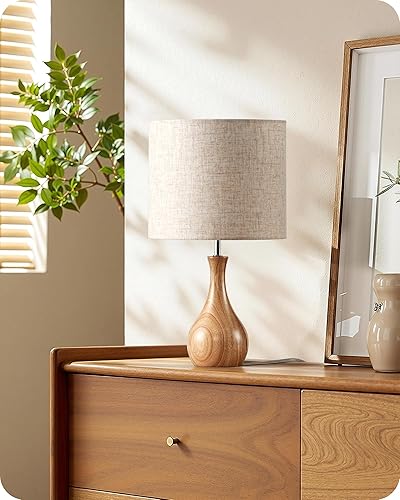 Miniatura 3 de Lámpara de mesa pequeña, lámpara de escritorio de madera con pantalla de lino beige y base en forma de botella de madera natural, lámpara de noche
