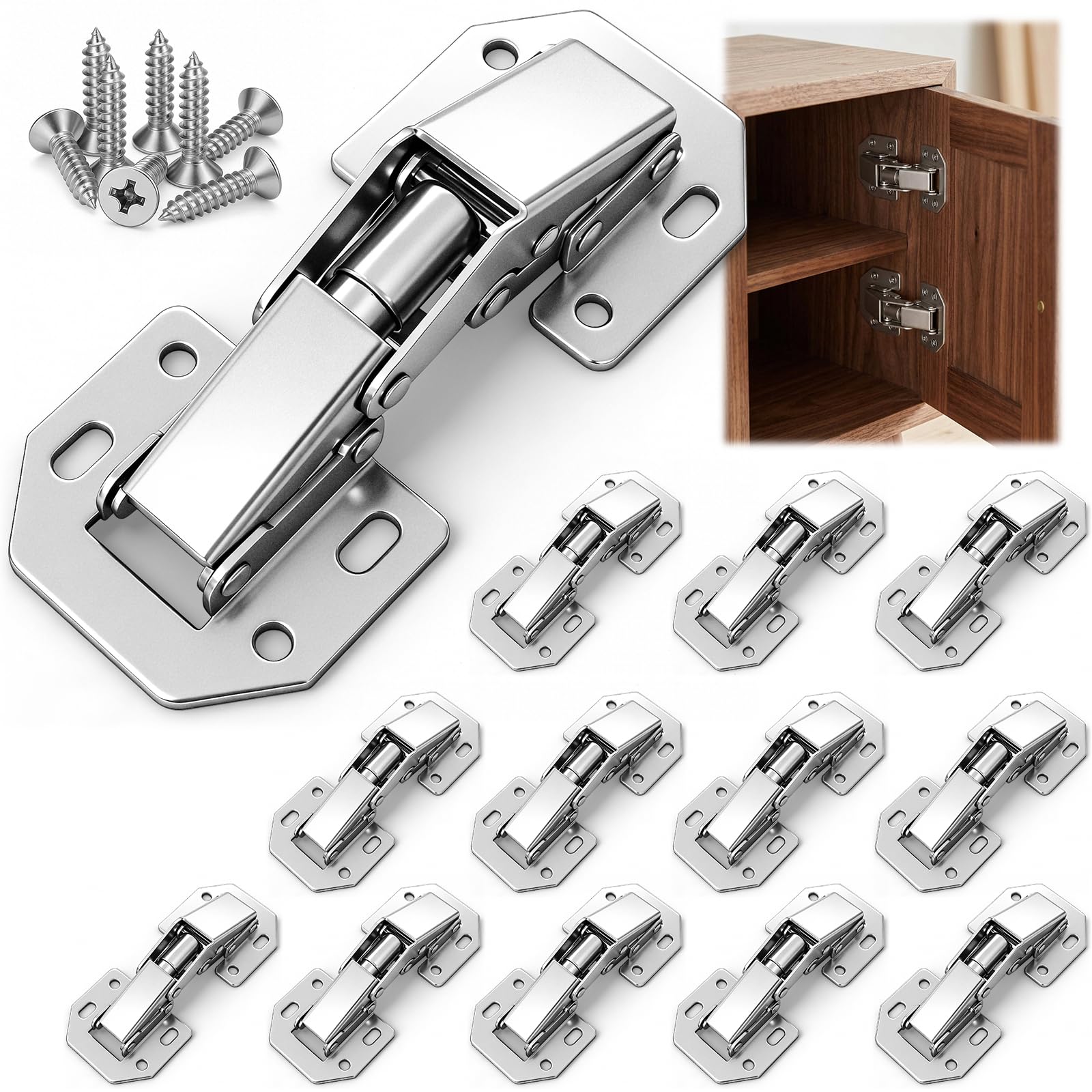 Wandefol 12pcs Kitchen Cabinet Door Hydraulic Hinge Damper Buffer 90 Degrees No Slot Required Soft-Close Stainless Steel Hinge
