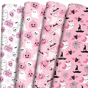 Ulmasinn Pink Halloween Wrapping Paper - Kawaii Spooky - Sweet Gift Wrap with Ghosts, Bats & Watercolor Pumpkins - 20x29-8 Sheets for Gift Bags & Party Favors
