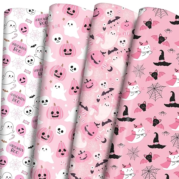 Ulmasinn Pink Halloween Wrapping Paper - Kawaii Spooky - Sweet Gift Wrap with Ghosts, Bats & Watercolor Pumpkins - 20x29-8 Sheets for Gift Bags & Party Favors