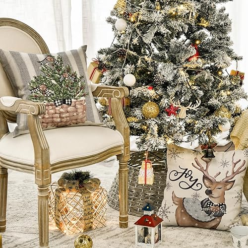 Miniatura 10 de AVOIN colorlife Juego de 4 fundas de almohada de Navidad, muñeco de nieve, reno, eucalipto, color azul, 18 x 18 pulgadas, diseño de rayas de