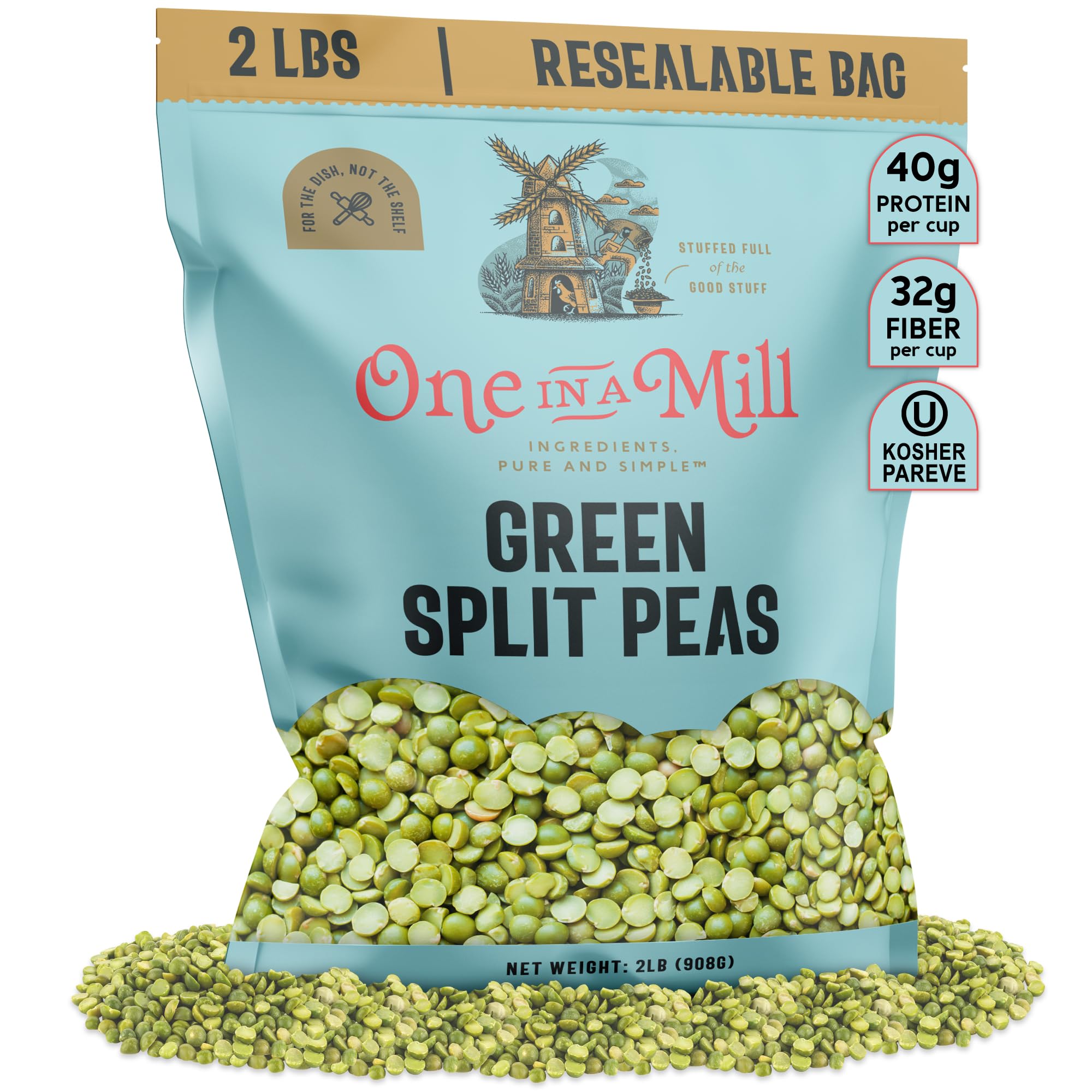 ONE IN A MILLDried Green Split Peas 2LB Resealable Bag | For Soup, Stews, & Curries | All-Natural Plant-Based Protein | OU Kosher
