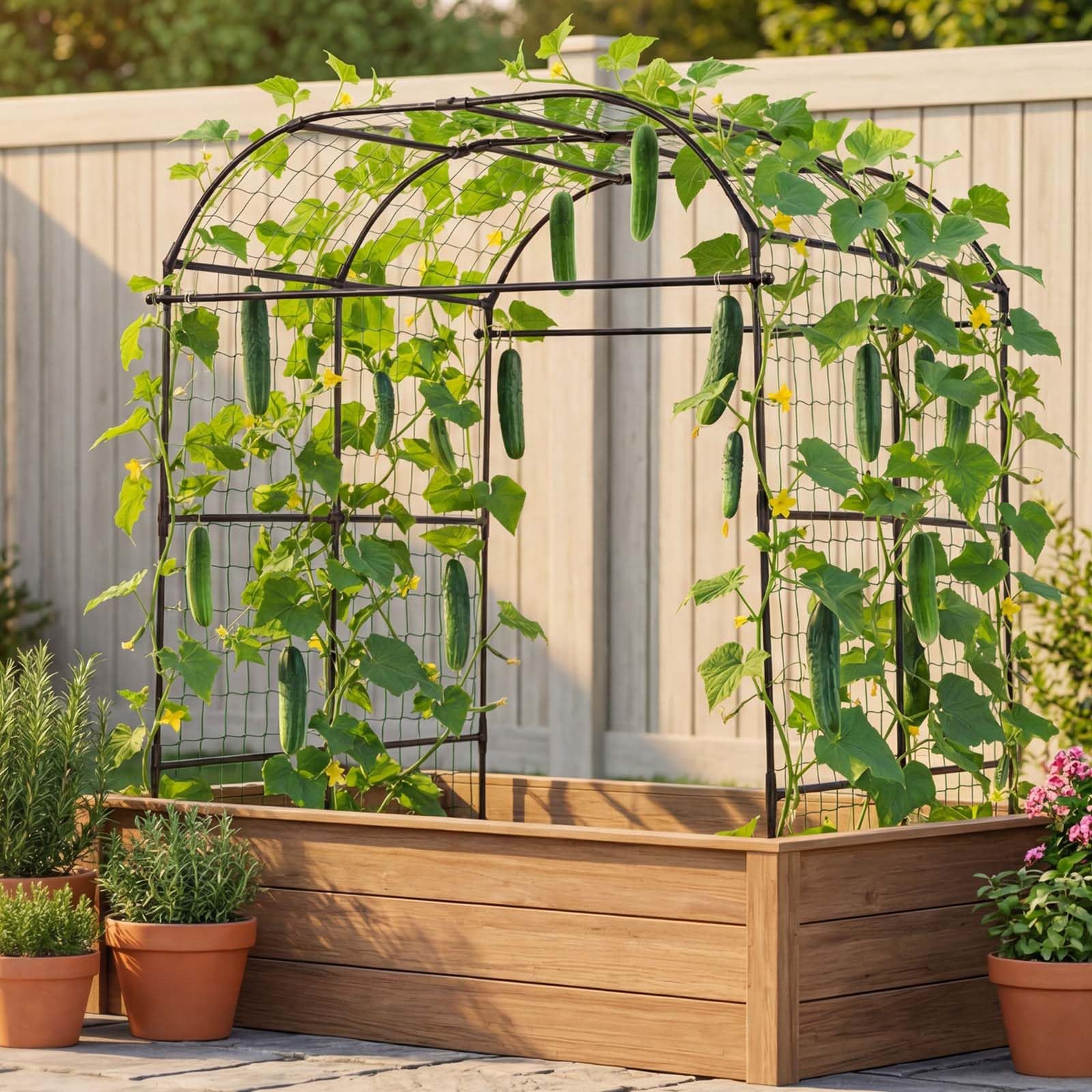 VEVOR Treillis à Concombres Forme Arche Treillis de Jardin Métal Support Plante Grimpante Extérieur pour Vignes, Pois, Haricots, Courgettes, Tomates, Fleurs, Revêtement Plastique PE, 181x165x210 cm